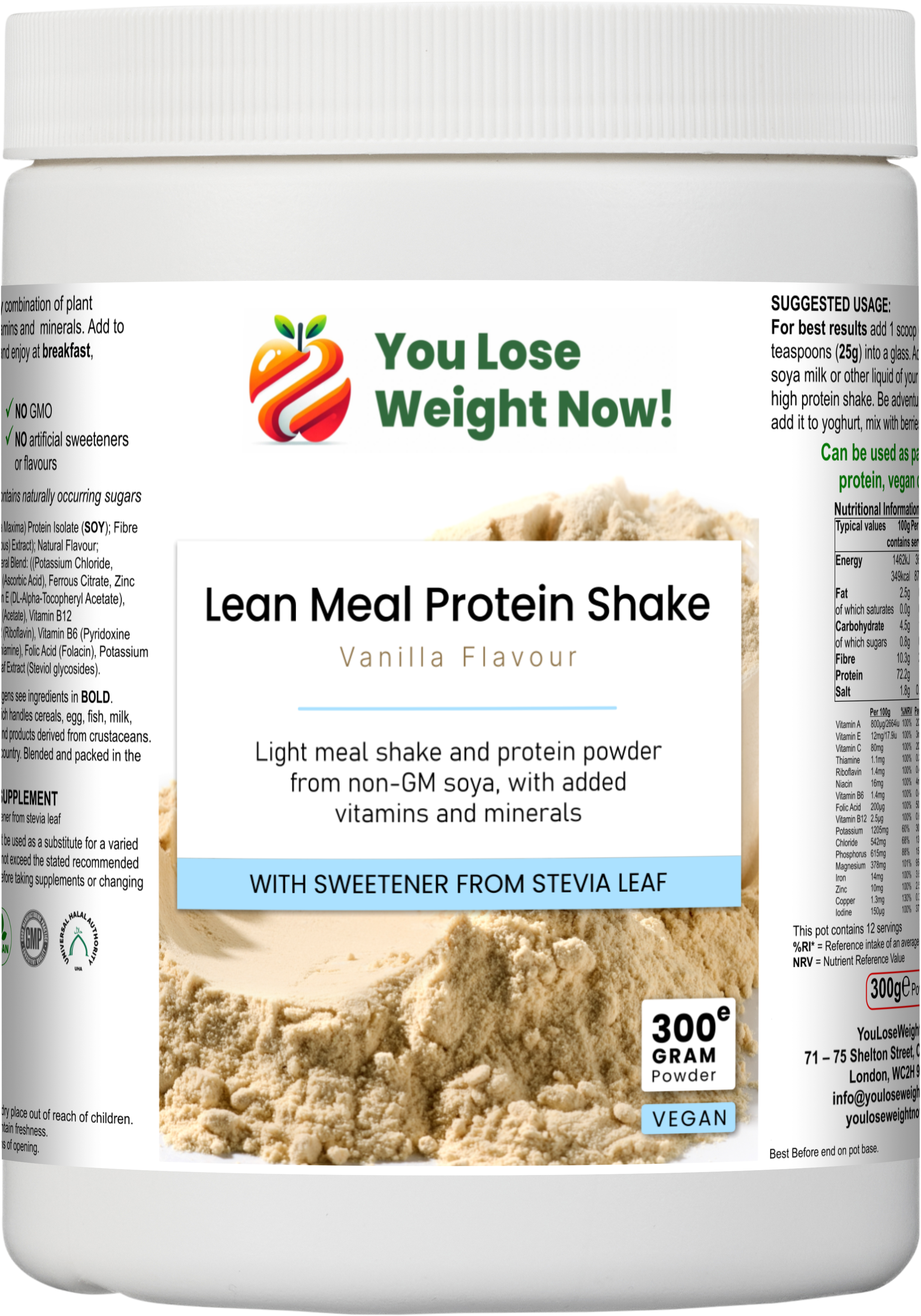 Top-down render of the YouLoseWeightNow! Lean Meal Protein Shake round pot — a short squat wide round supplement pot photographed from directly above, flat lid visible, clean white background.