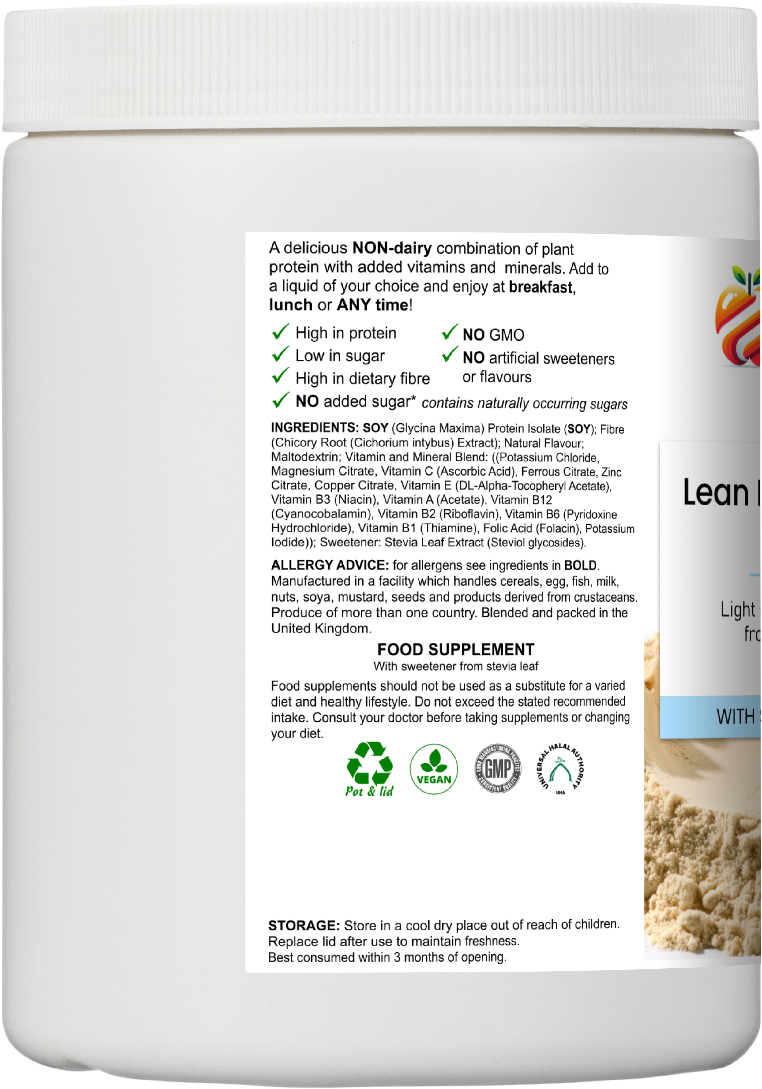 Right side angle render of the YouLoseWeightNow! Lean Meal Protein Shake round pot — a short squat wide round supplement pot with a flat lid, clean white background, label partially visible.