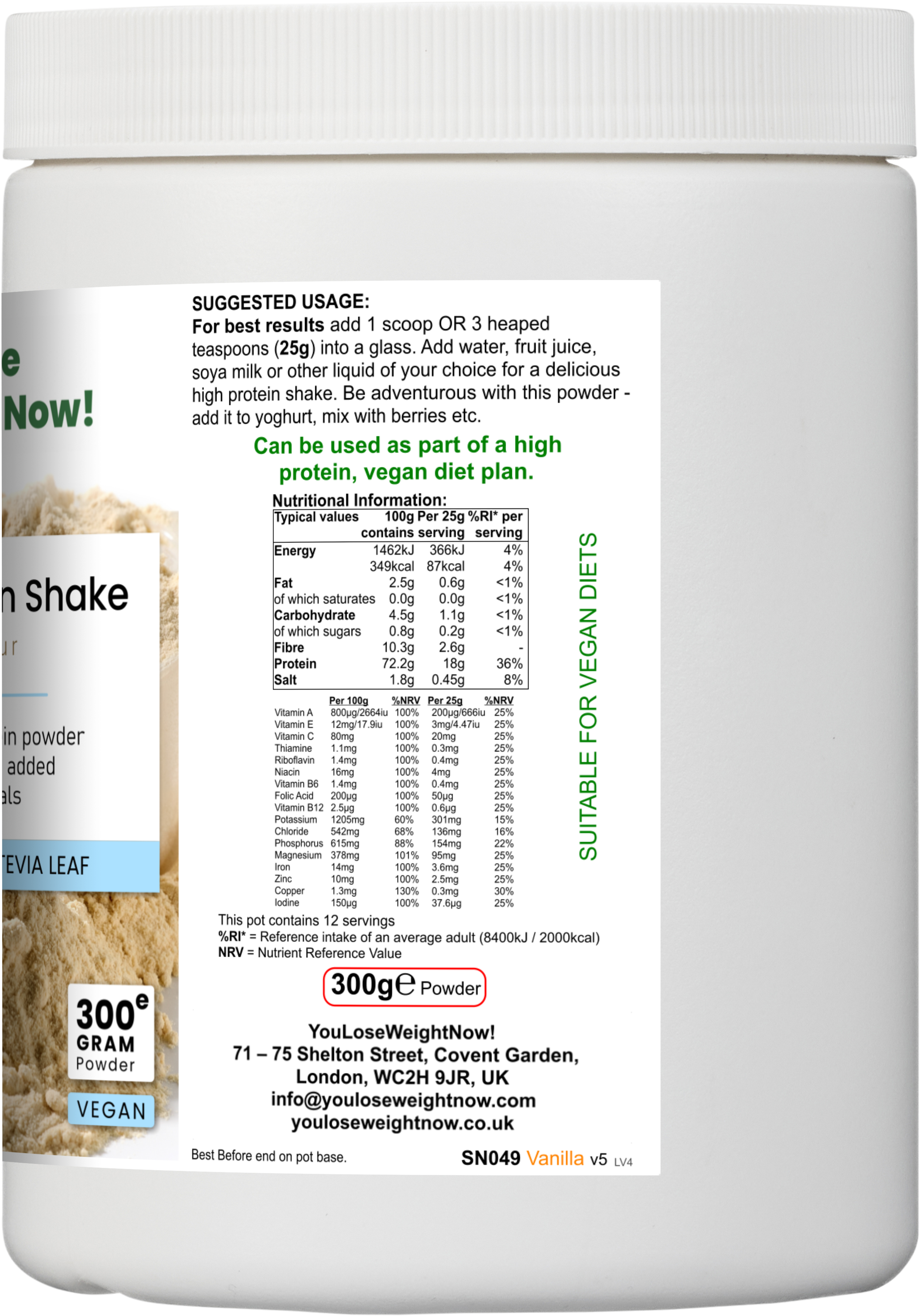 Left side angle render of the YouLoseWeightNow! Lean Meal Protein Shake round pot — a short squat wide round supplement pot with a flat lid, clean white background, label partially visible.