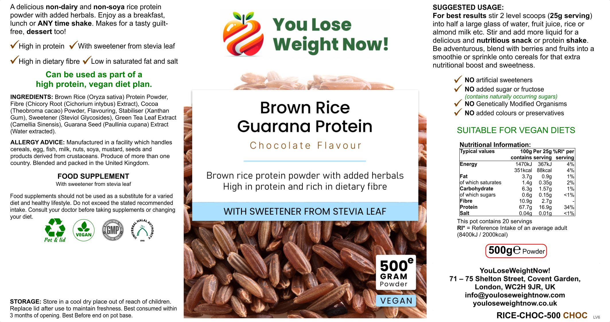 Brown Rice Guarana Protein Chocolate Flavour — 1500ml white round barrel supplement pot, front-facing 3-panel hero label showing RiceNourish branding, 500g vegan powder, made in the UK.
