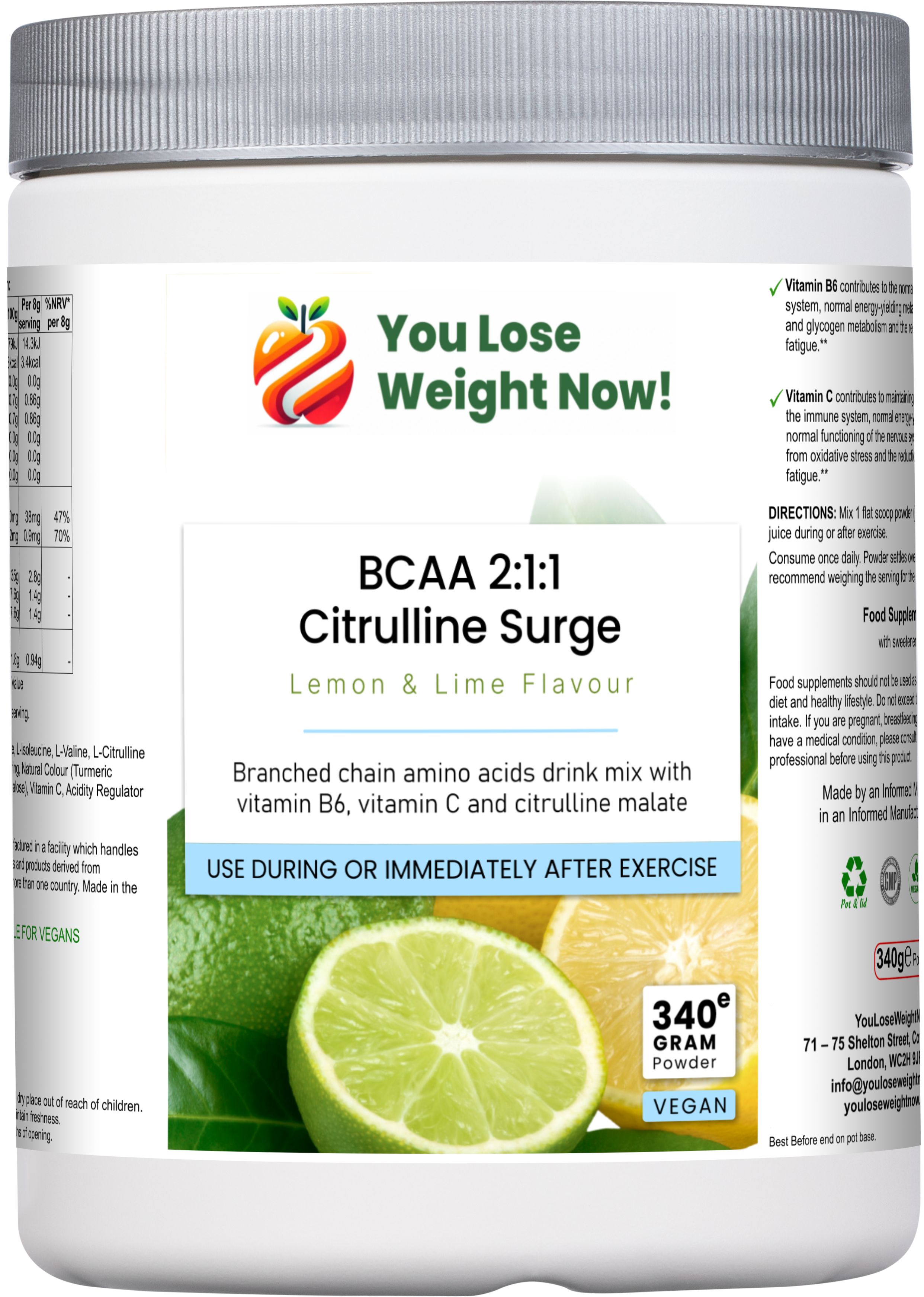 Front render of the BCAA 2:1:1 Citrulline Surge round supplement pot by YouLoseWeightNow!, showing the lemon and lime flavour label clearly on a clean white background.