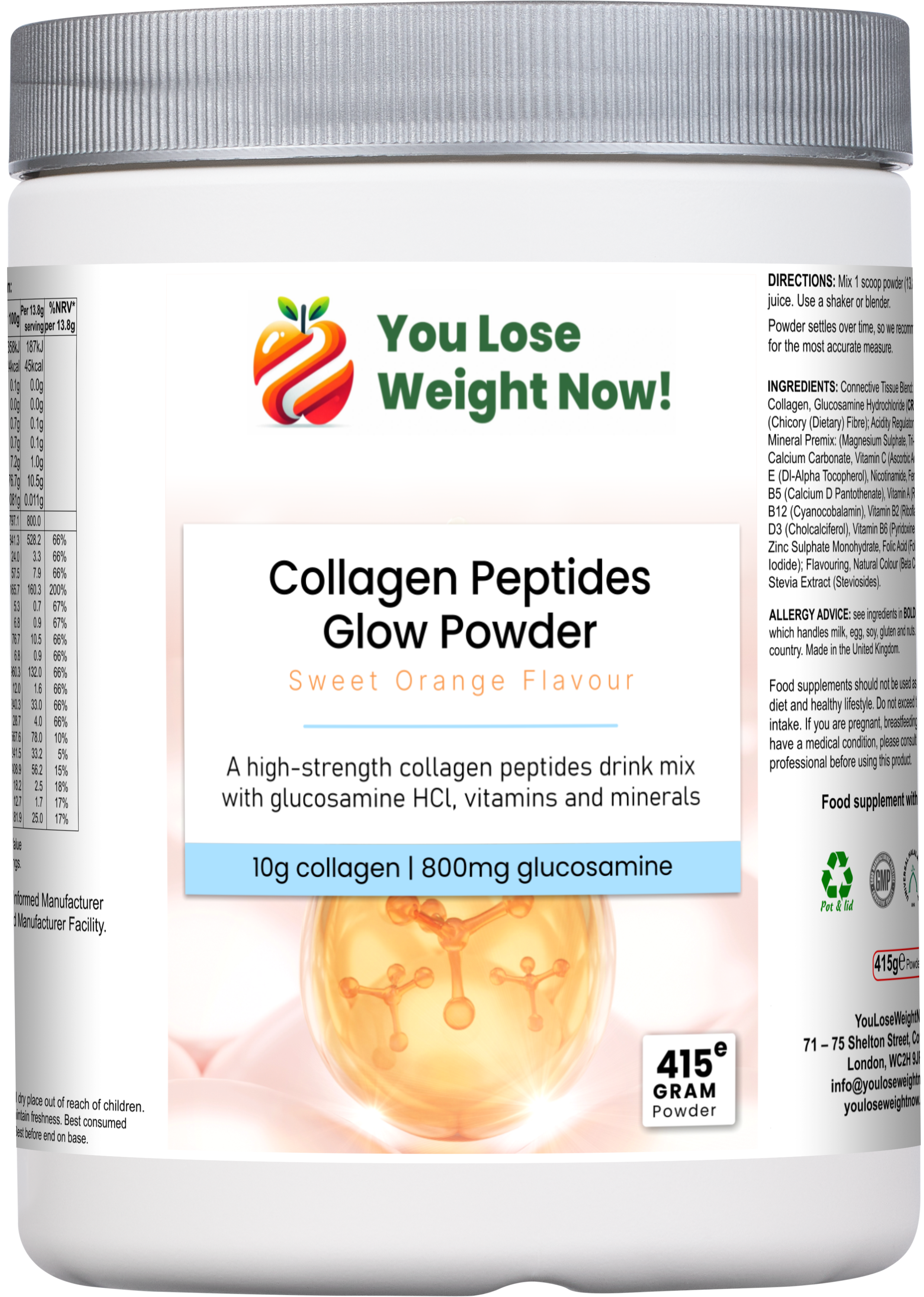 YouLoseWeightNow! Collagen Peptides Glow Powder round pot — front label close-up, Sweet Orange Flavour, 415g powder, Made in the UK.