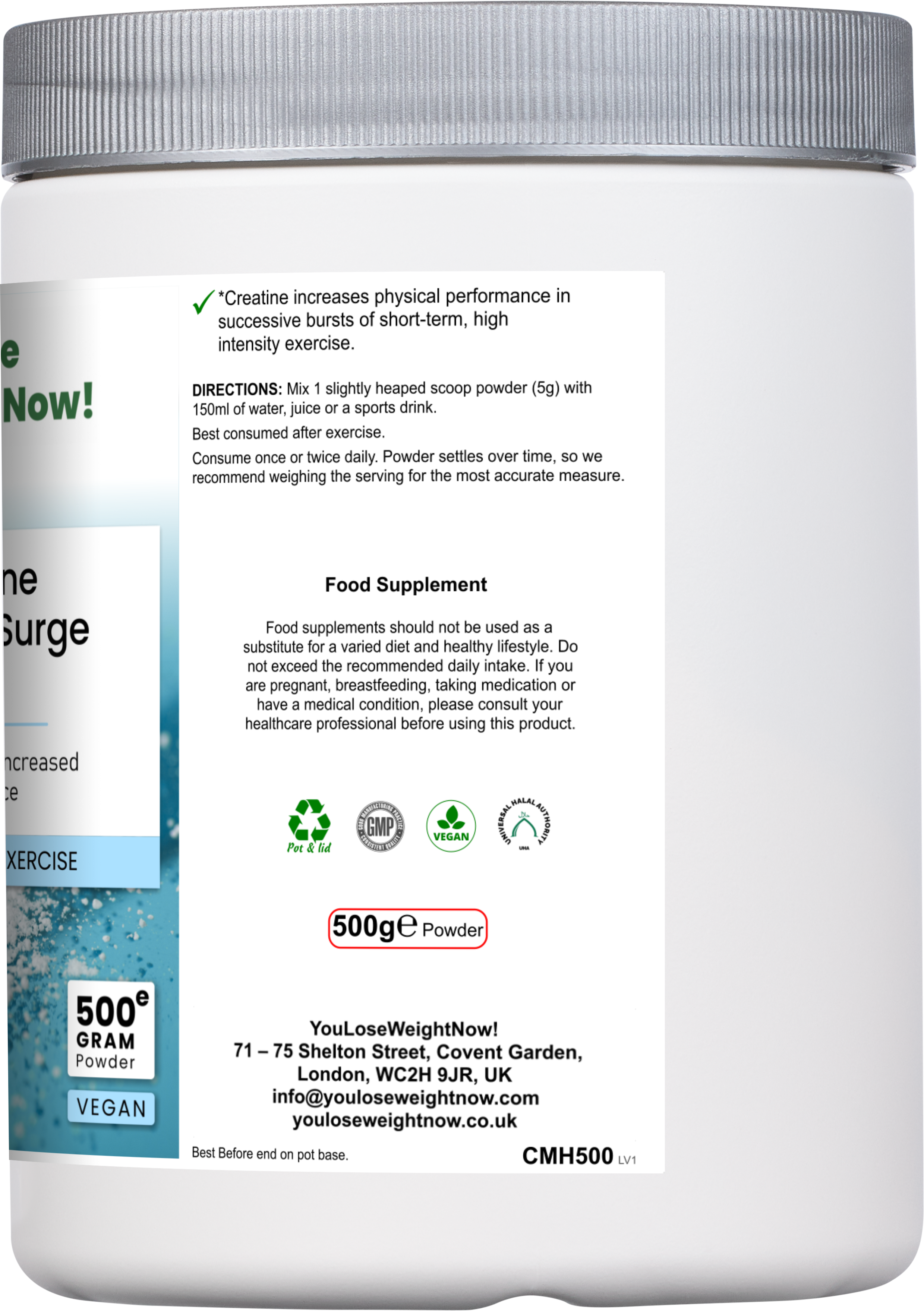 Left side render of the Pure Creatine Monohydrate Surge 500g round pot by YouLoseWeightNow! with silver lid on a clean white background.