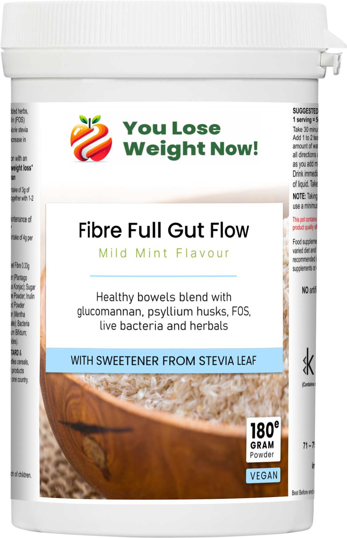 Fibre Full Gut Flow 180g powder round pot — front view showing full label with glucomannan, psyllium husks, FOS, live bacteria and herbals. YouLoseWeightNow!