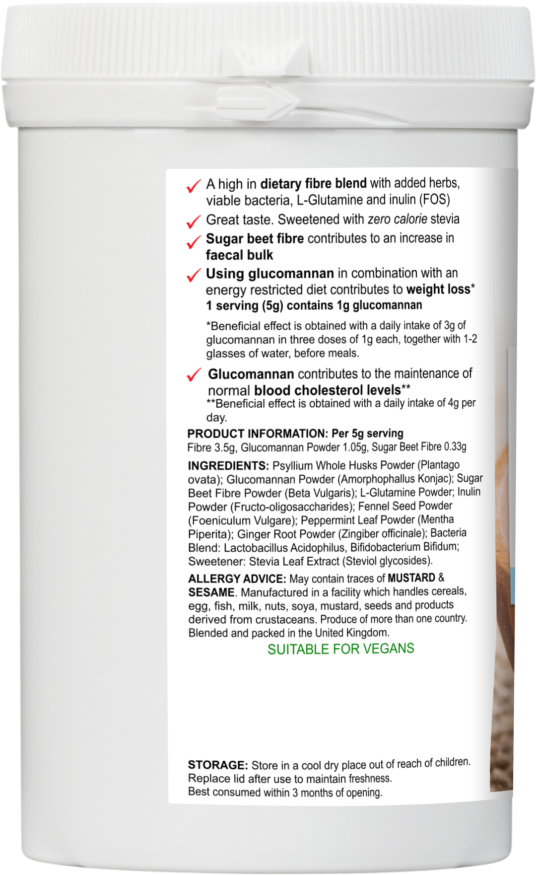 Fibre Full Gut Flow 180g powder round pot — right side view showing suggested usage instructions and food supplement information. YouLoseWeightNow!