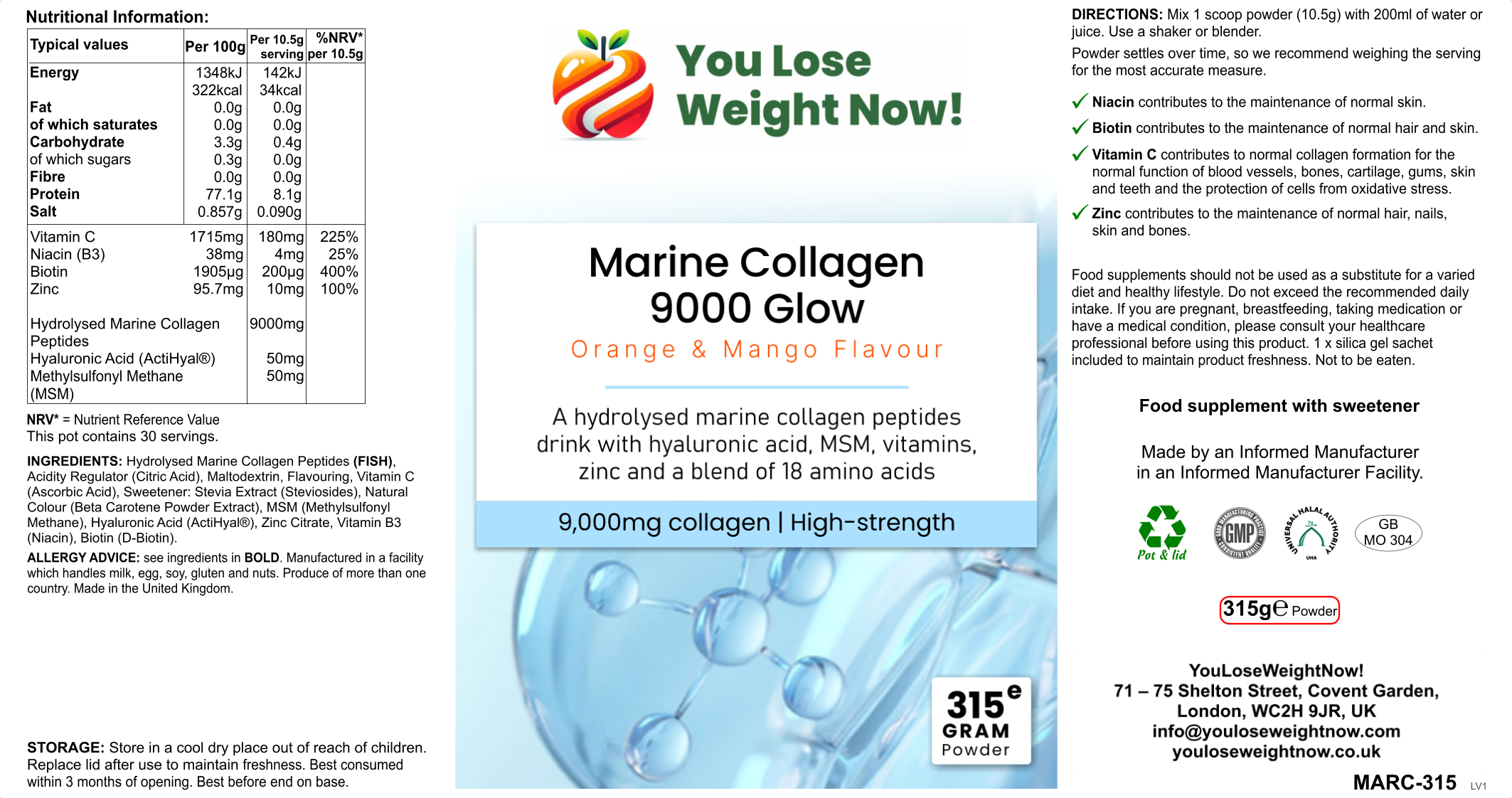 Marine Collagen 9000 Glow by YouLoseWeightNow! — three-panel render showing front, side and top views of the round pot, displaying full product labelling and branding, clean white background.