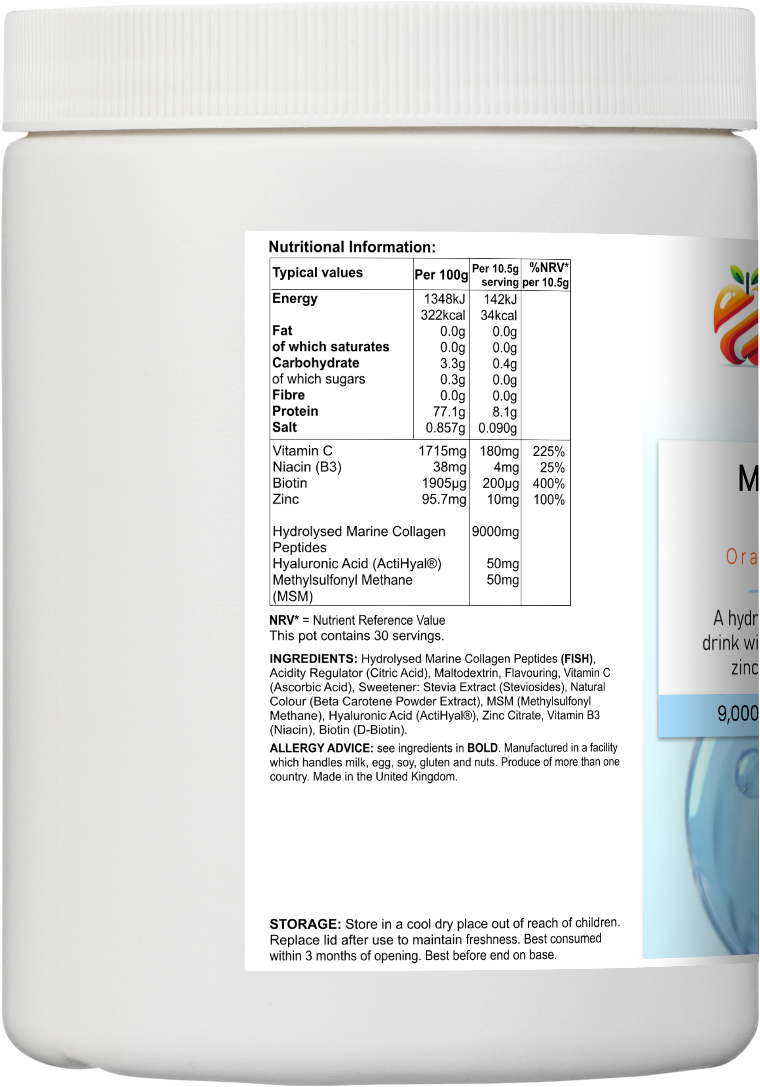 Marine Collagen 9000 Glow by YouLoseWeightNow! — right side view of the round pot showing certifications, usage instructions and allergen information, clean white background.