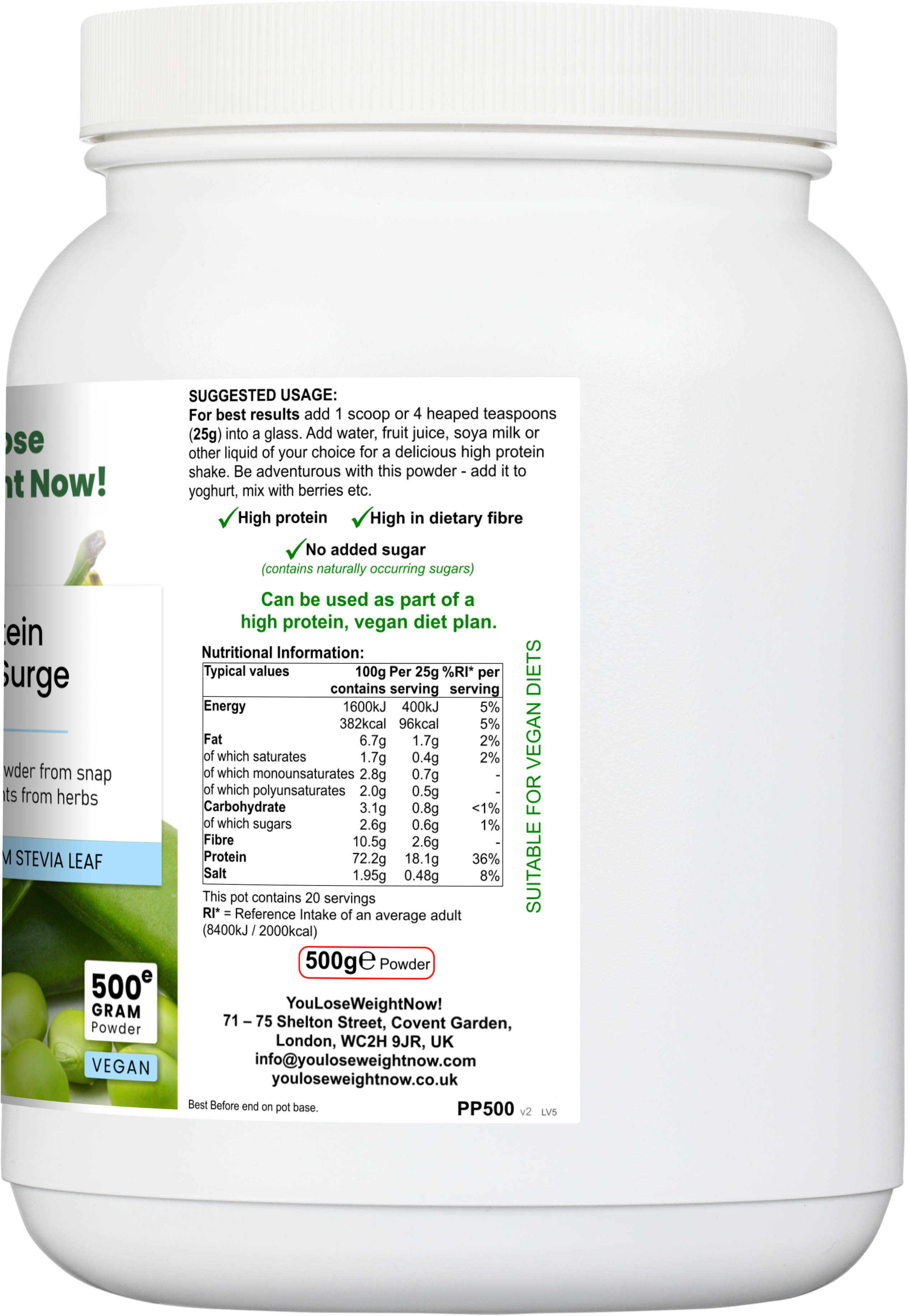 Pea Protein Spirulina Surge — left side view of the 1500ml white round barrel supplement pot, clean white background.