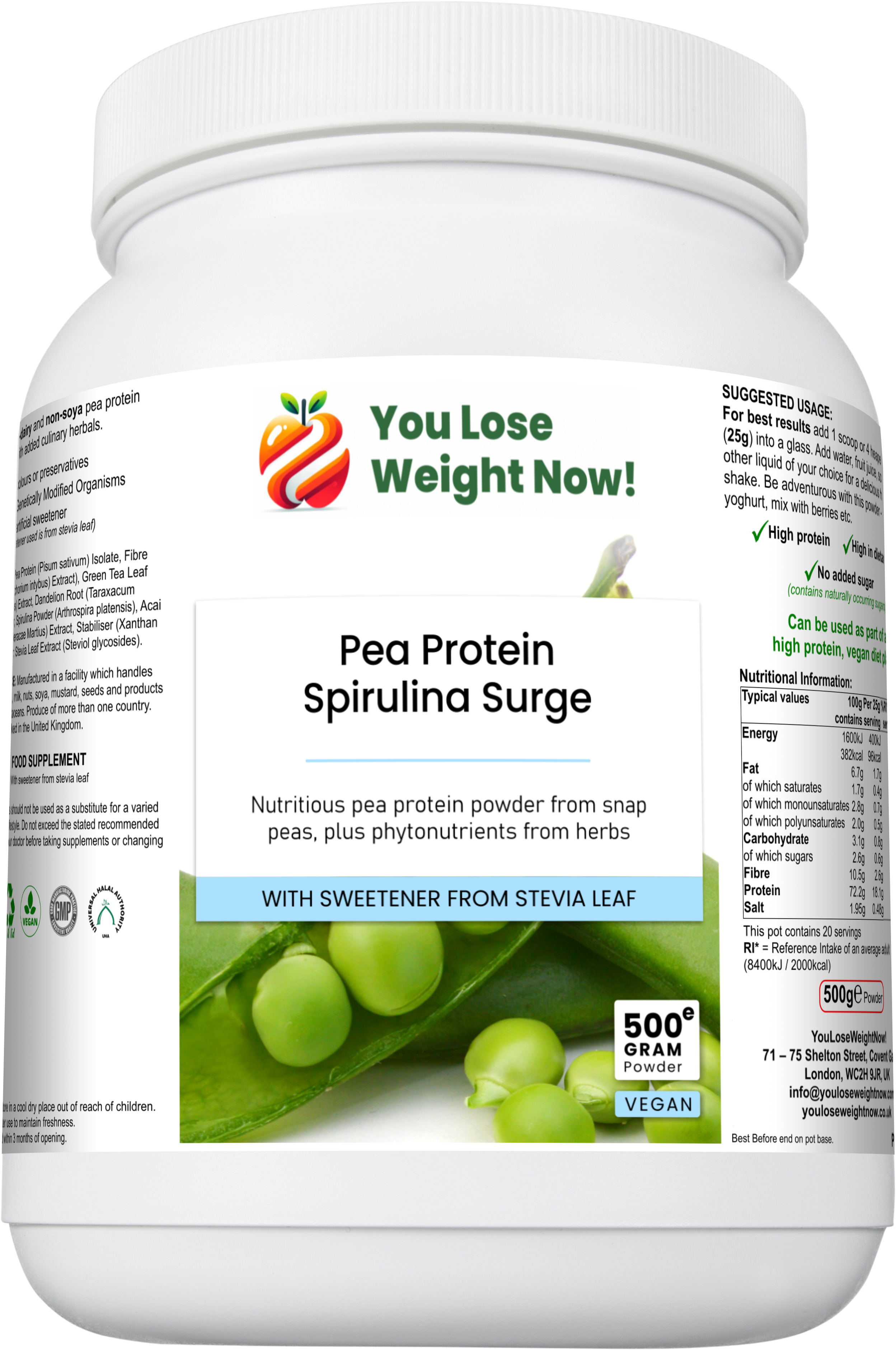 Pea Protein Spirulina Surge — front view of the 1500ml white round barrel supplement pot, YouLoseWeightNow! Pea Protein Spirulina Surge label facing forward, clean white background.