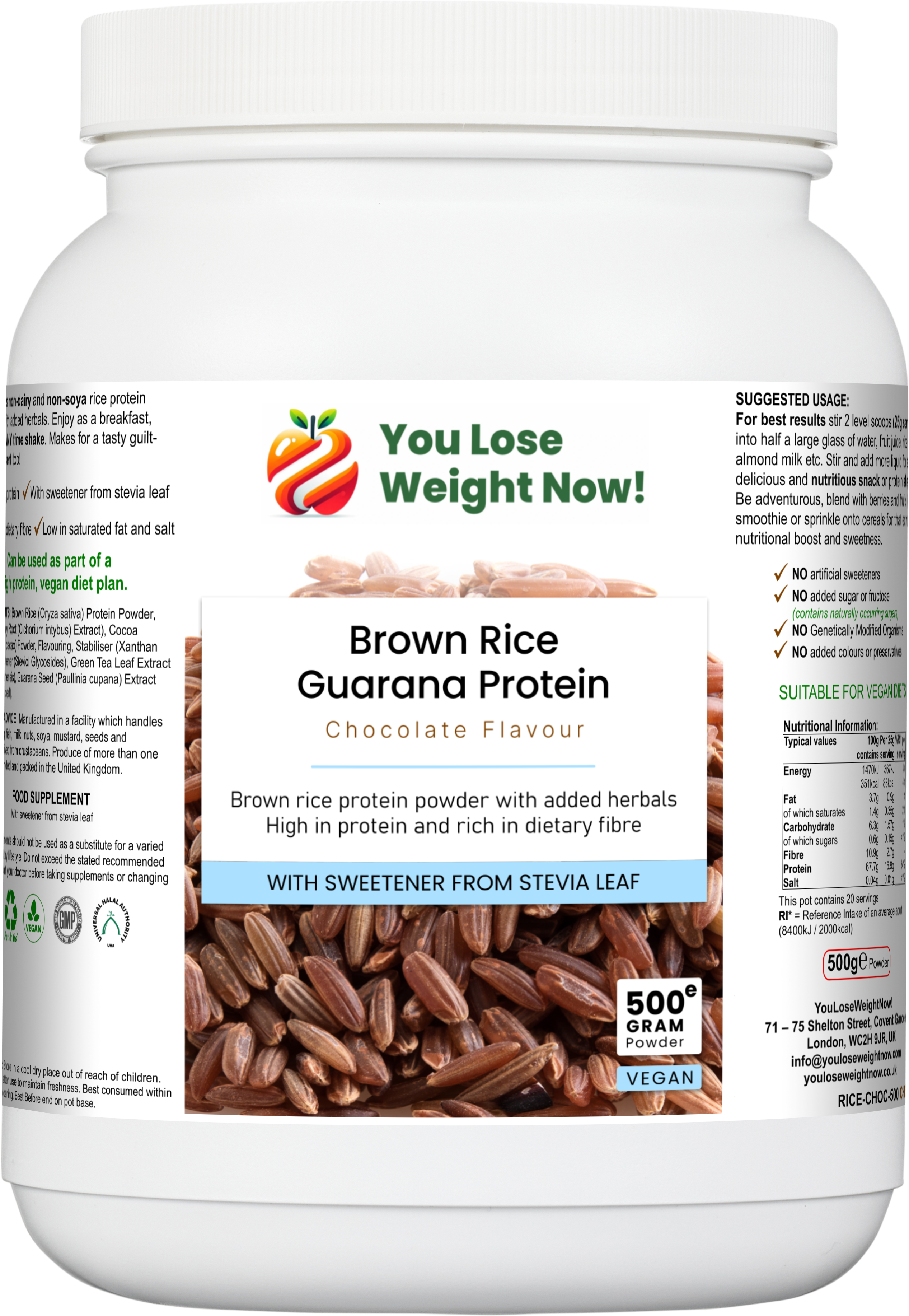 Brown Rice Guarana Protein Chocolate Flavour — 1500ml white round barrel supplement pot, front render, clean product shot, no background.