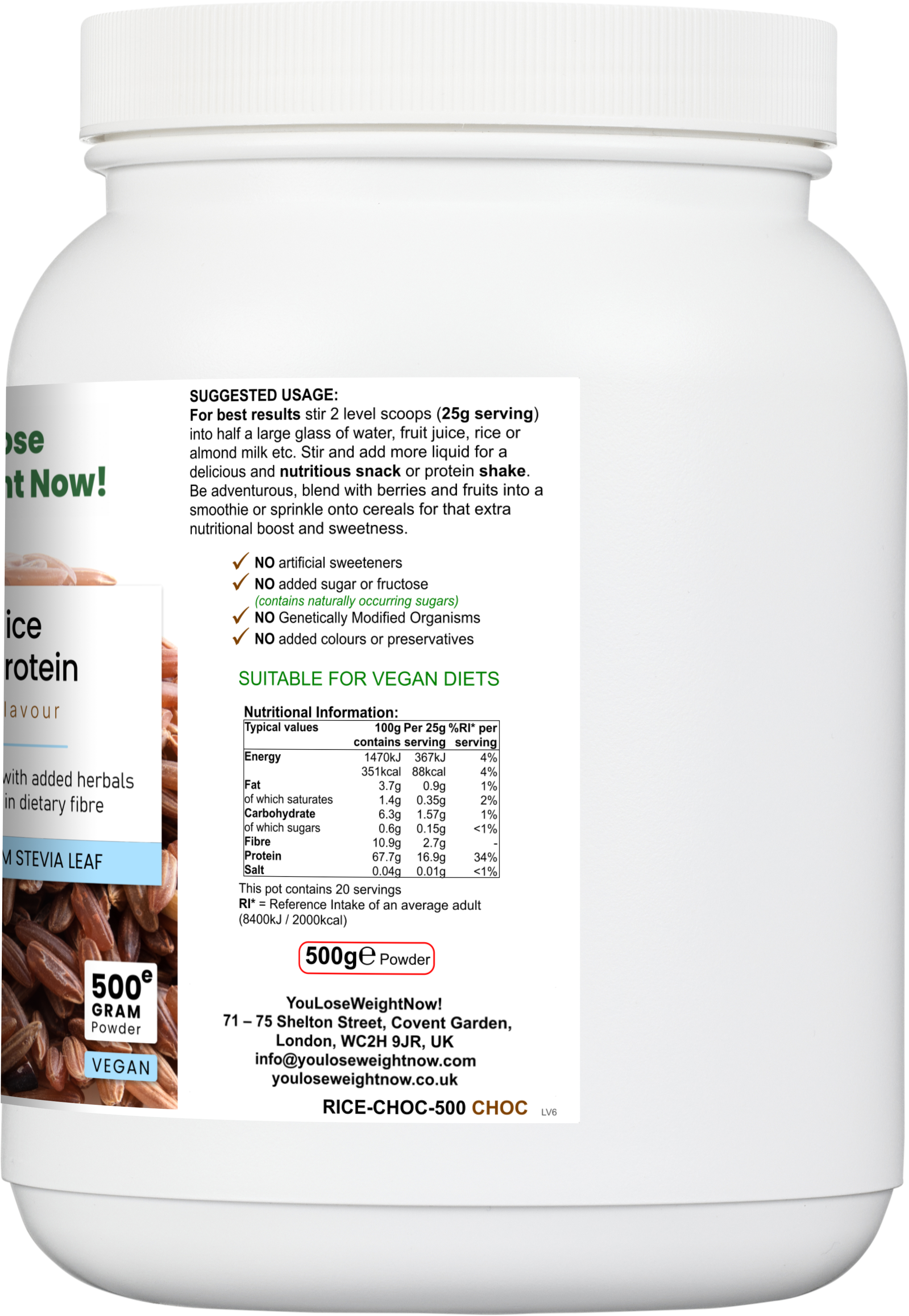 Brown Rice Guarana Protein Chocolate Flavour — 1500ml white round barrel supplement pot, side angle render, left side view, clean product shot, no background.