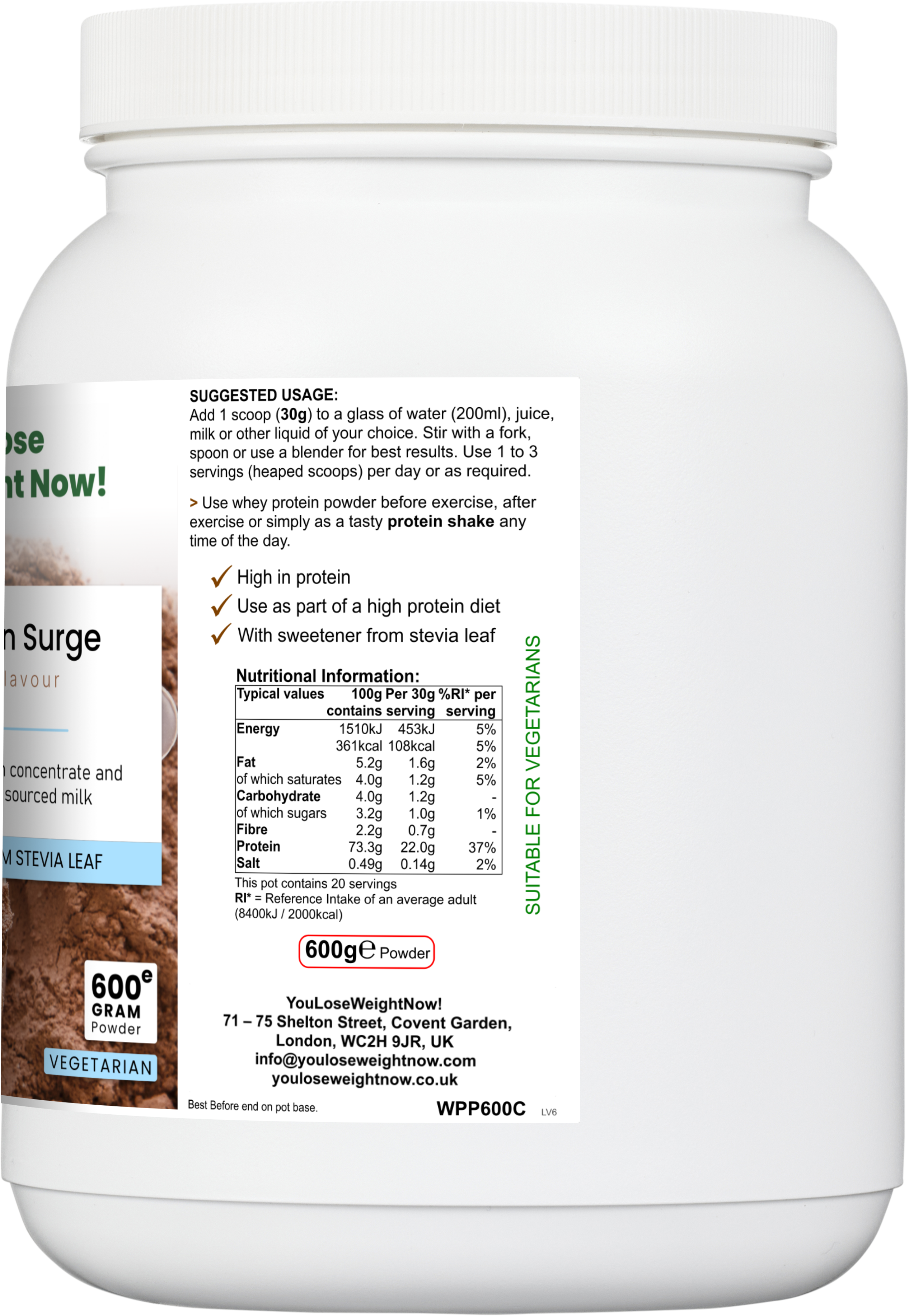 Left side render of the WheyNourish Chocolate Flavour Whey Protein Surge 1500ml white round barrel supplement pot showing the product label and YouLoseWeightNow! branding.