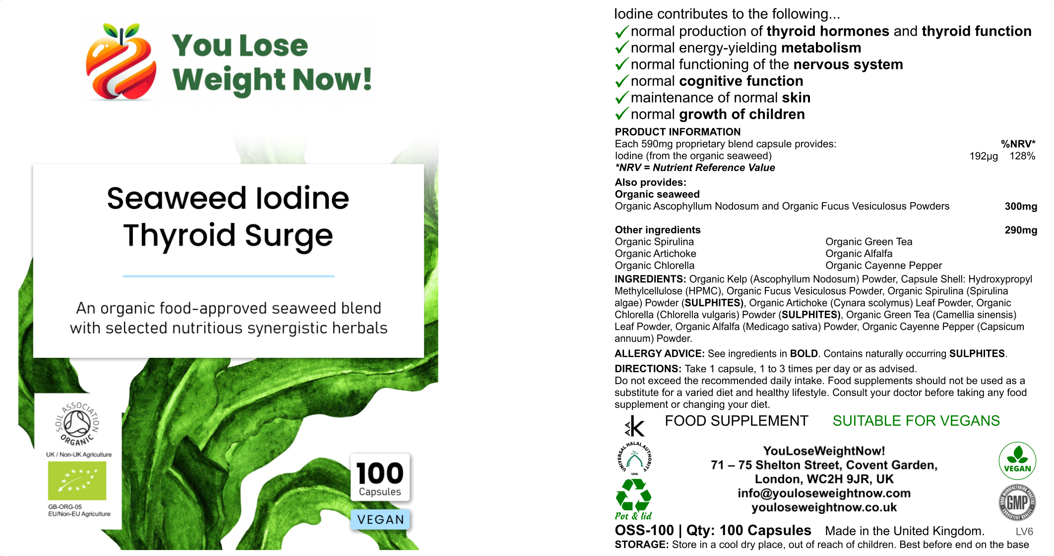Seaweed Iodine Thyroid Surge by YouLoseWeightNow! โ three-panel hero image showing the flat postal pot from multiple angles, displaying the full product label with organic seaweed blend and iodine certifications.