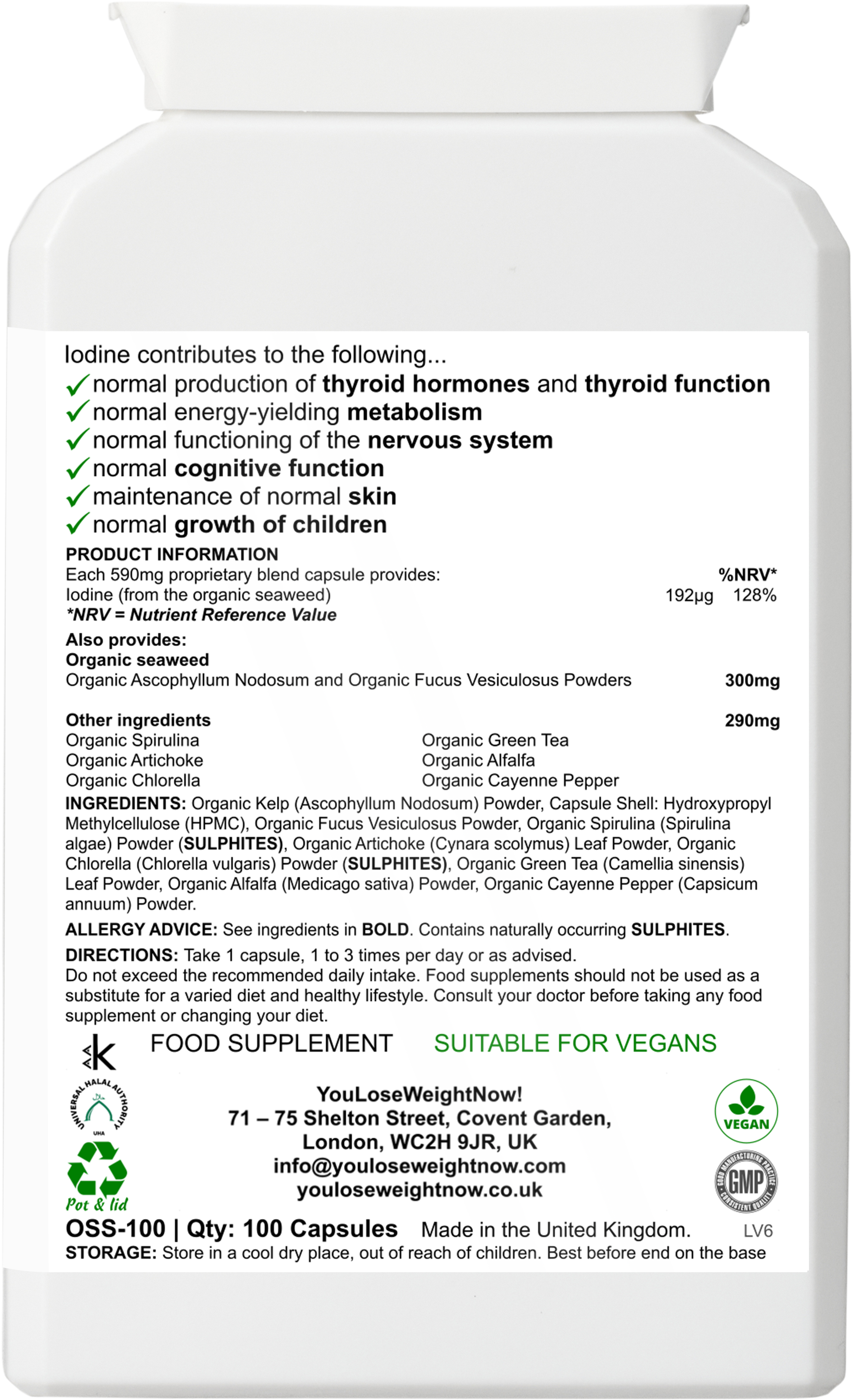 Reverse side of the YouLoseWeightNow! Seaweed Iodine Thyroid Surge flat postal pot showing the full ingredients list, nutritional information, certifications, and usage instructions.