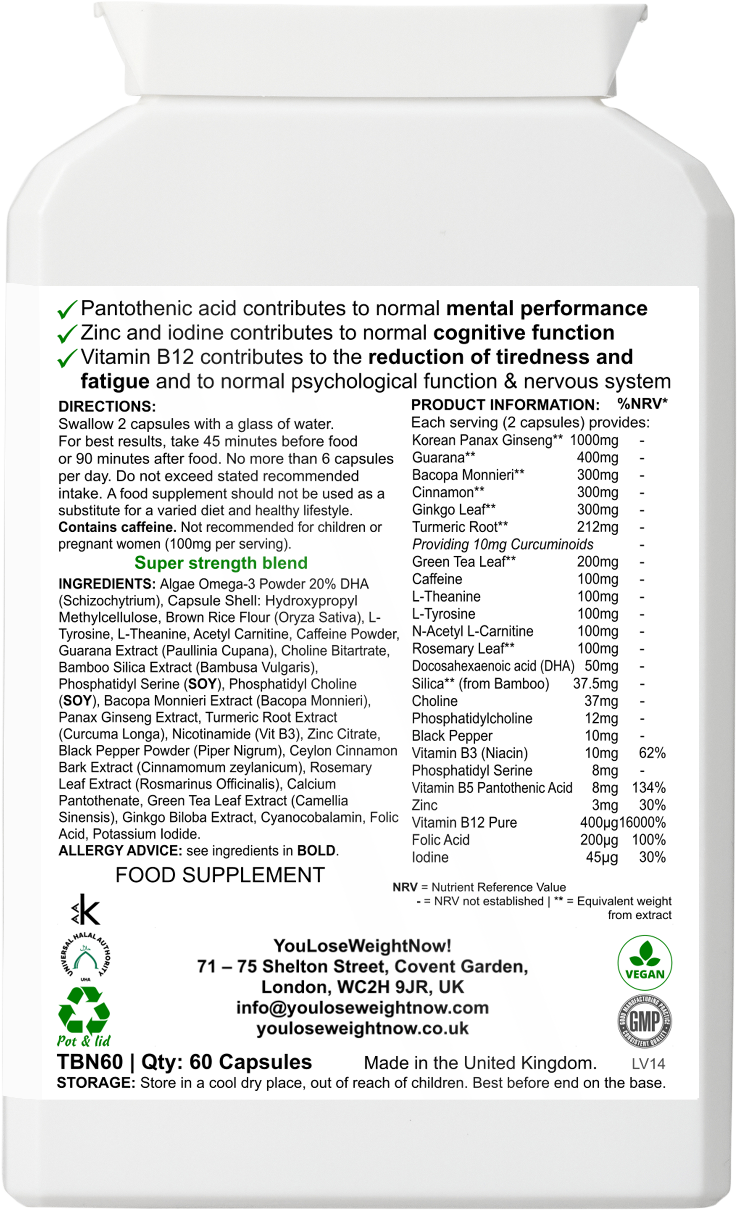 Bacopa Ginkgo Nootropic Surge by YouLoseWeightNow! โ back label render showing full ingredients list and EFSA-approved claims
