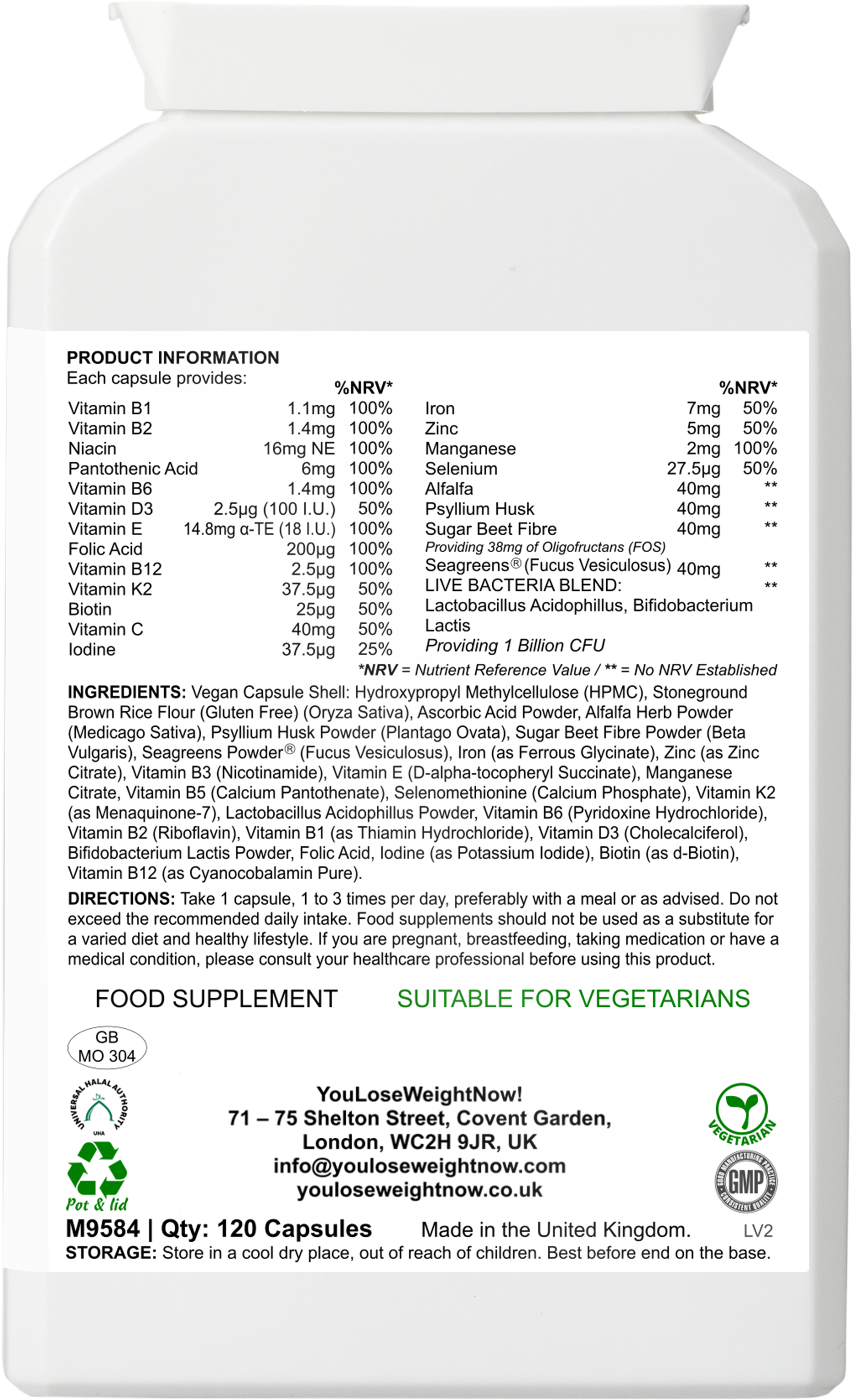 Reverse and back side of the YouLoseWeightNow! 17 Vitamins Probiotic Surge flat supplement pot showing the full ingredients and nutritional information label. Clean product render, no overlay.