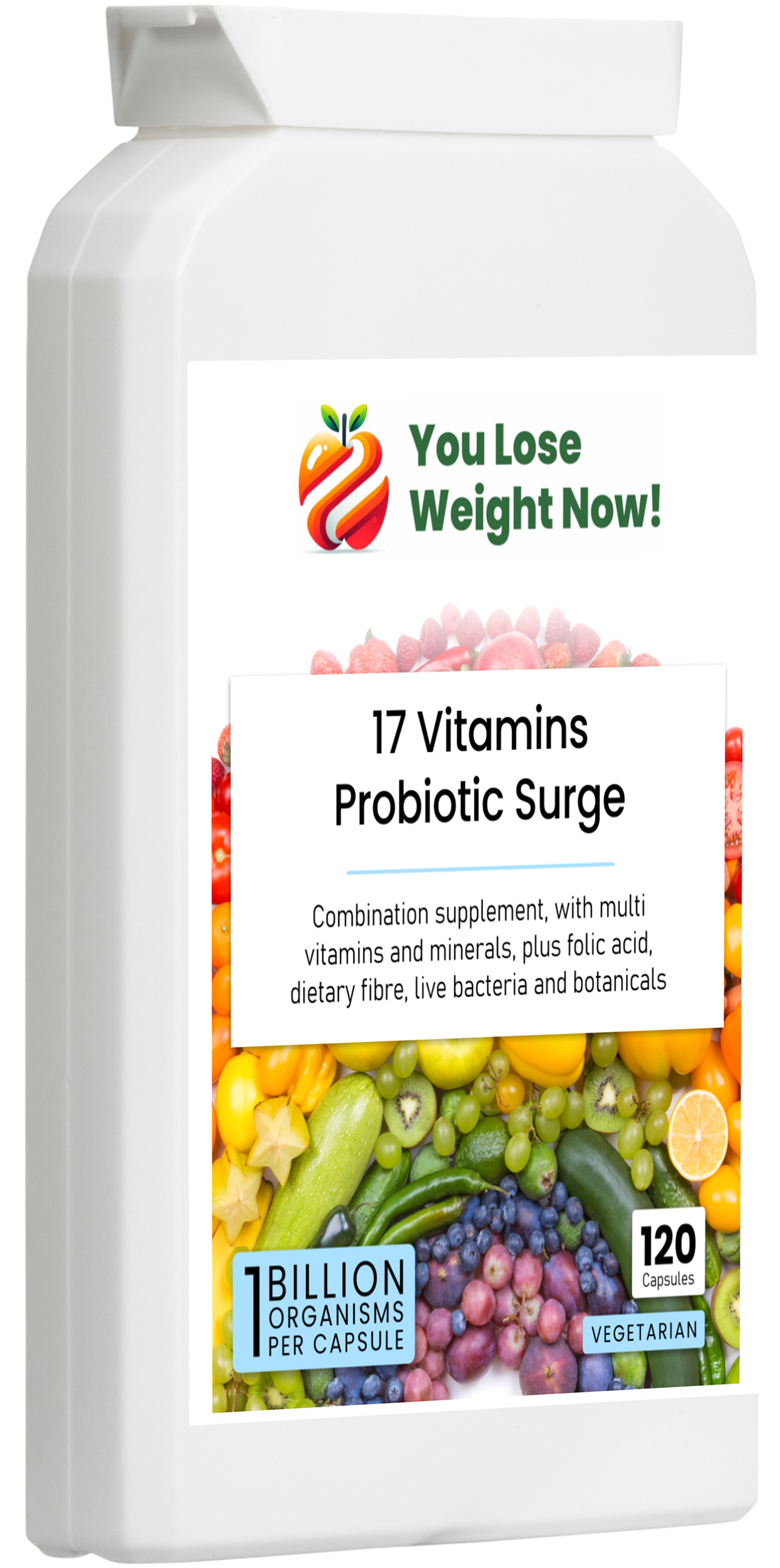 Right side angle render of the YouLoseWeightNow! 17 Vitamins Probiotic Surge flat supplement pot. Clean product render, no overlay.