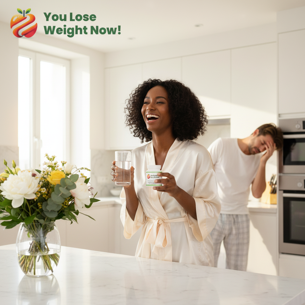 A confident Black woman in her late 20s in a bright modern kitchen on a Sunday morning, holding the YouLoseWeightNow! Aloe Cayenne Bowel Cleanse pot and a glass of water, laughing with a vase of beautiful fresh flowers on the counter. The YouLoseWeightNow! logo is visible in the top left corner of the image.