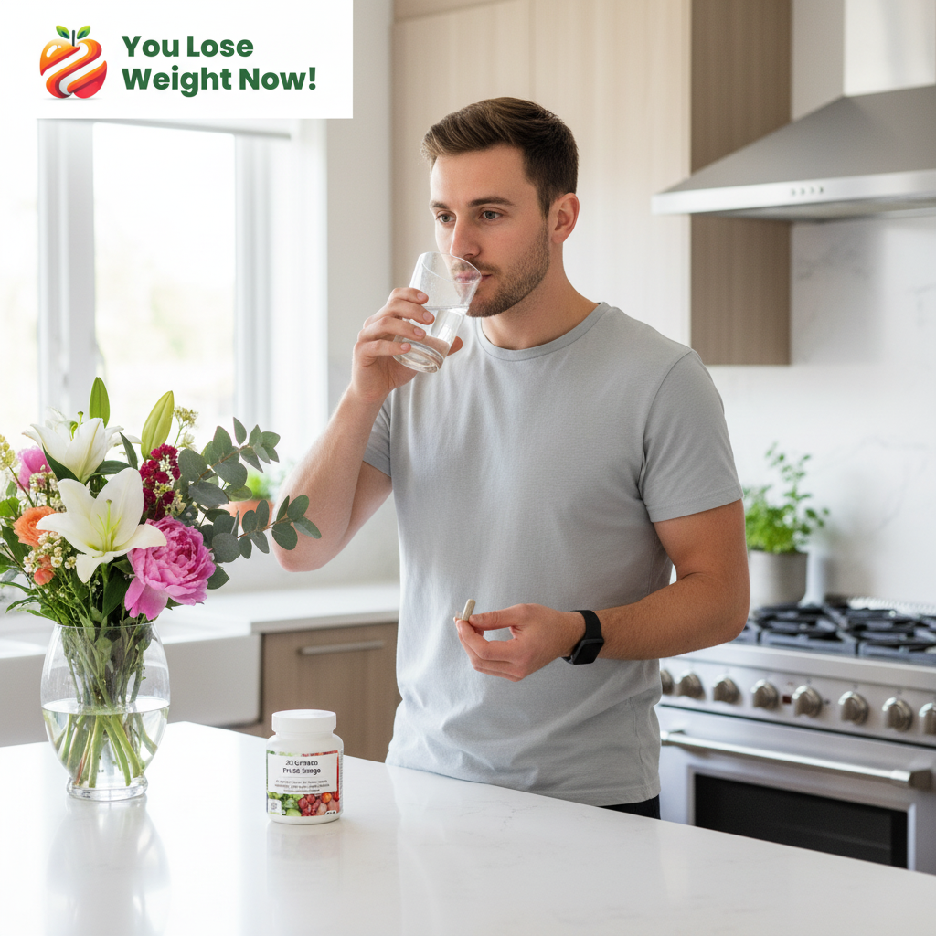 A young White man in his late 20s in a bright modern kitchen taking his morning supplements, the 35 Greens Fruits Surge flat pot by YouLoseWeightNow! on the counter, a vase with beautiful fresh flowers beside it, natural morning light, editorial quality. The YouLoseWeightNow! logo is visible in the top left corner of the image.