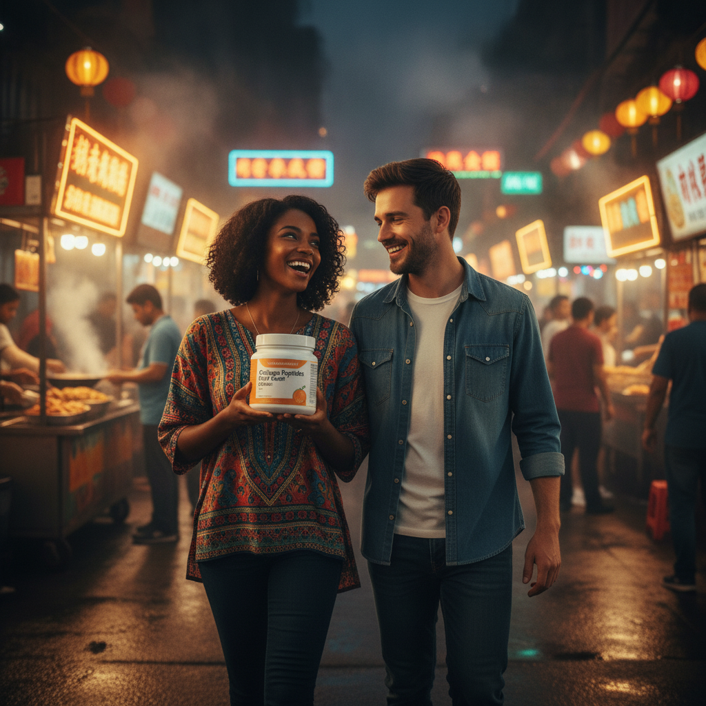 A White man and a Black woman in their late twenties walk through a vibrant night market, street food stalls glowing in warm neon colours. She holds a YouLoseWeightNow! Collagen Peptides Glow Powder round pot, both laughing. Bold and cinematic.