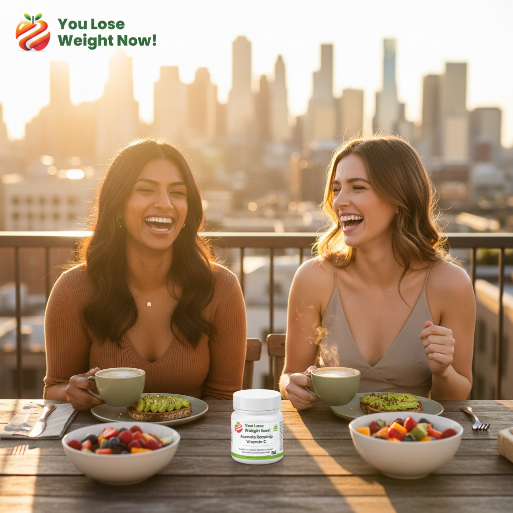 A South Asian woman and a White woman in their late 20s enjoying a sunny rooftop brunch over coffee, laughing together with a city skyline in the background. The YouLoseWeightNow! Acerola Rosehip Vitamin C pot on the table. The YouLoseWeightNow! logo is visible in the top left corner of the image.