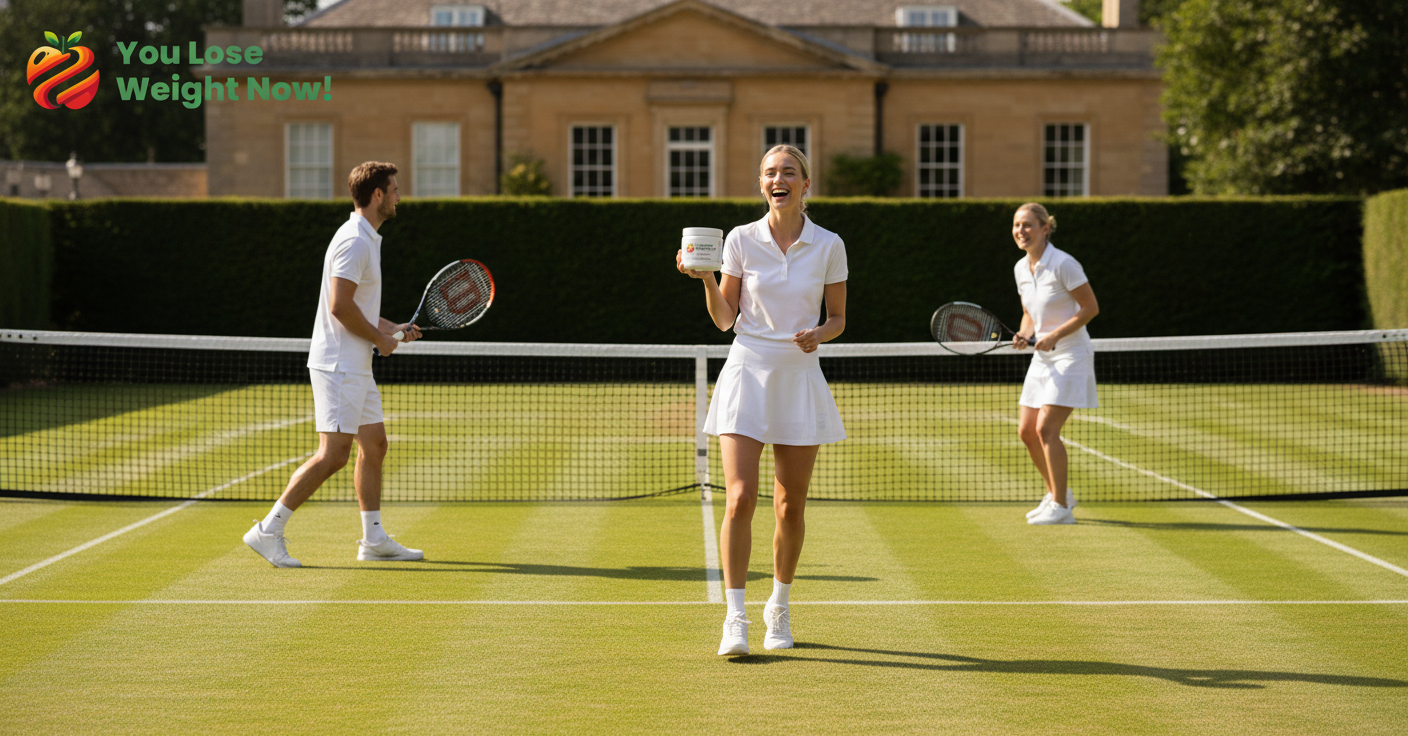 Two couples playing mixed doubles tennis on an immaculate grass court at a private members club, one player holding the Post Workout Recovery Surge supplement pot at the net. The YouLoseWeightNow! logo is visible in the top left corner of the image.