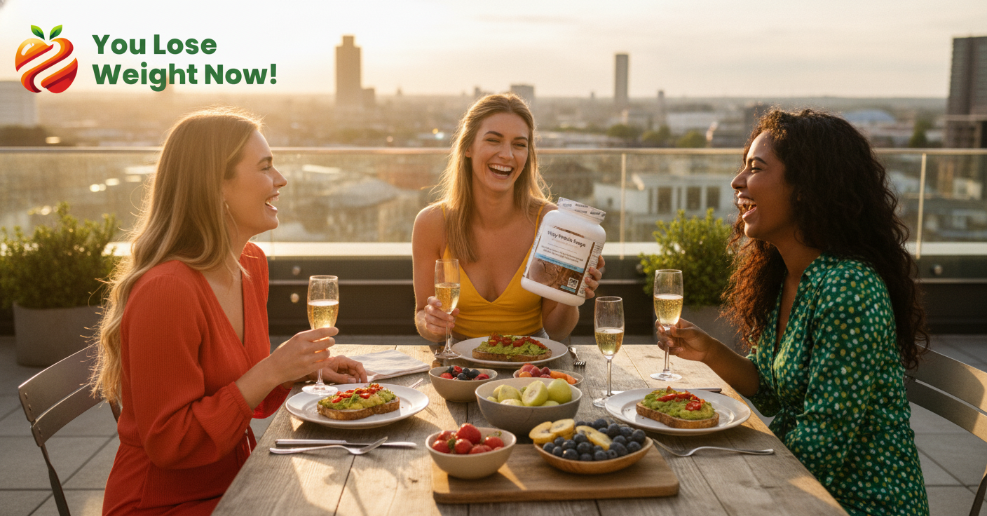Three friends in their mid-twenties — two White women and one South Asian woman — enjoying a rooftop brunch in a vibrant UK city, one holding the WheyNourish Chocolate Flavour Whey Protein Surge 1500ml white round barrel supplement pot, laughing together in warm golden sunshine. The YouLoseWeightNow! logo is visible in the top left corner of the image.