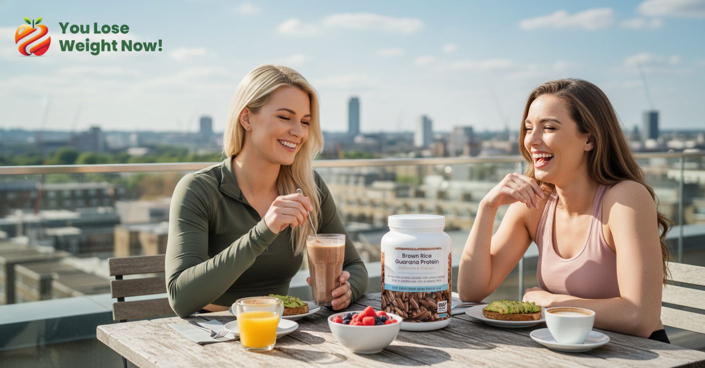 Two White women, mid-20s, effortlessly fit and glowing, sitting at a rooftop terrace brunch table in London on a sunny morning, one stirring a chocolate protein shake, the 1500ml white round barrel supplement pot visible on the table, relaxed and laughing, editorial lifestyle quality. The YouLoseWeightNow! logo is visible in the top left corner of the image.