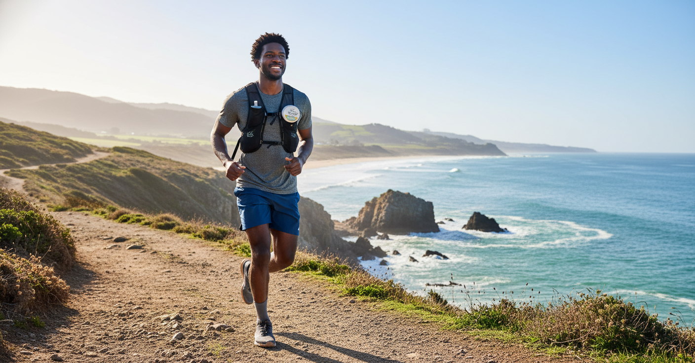 Young Black man running along a coastal path, YouLoseWeightNow! Hemp Seed Protein Herbal Surge tub visible, bright natural morning light