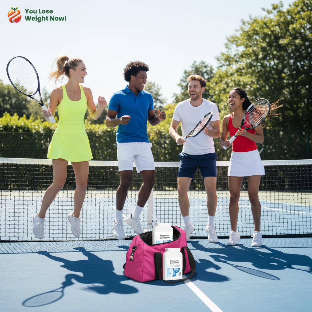 Two couples playing doubles tennis on a bright sunny outdoor court — one White woman and one Black man on one side, one South Asian woman and one White man on the other — all laughing and full of energy, with the YouLoseWeightNow! 4 Magnesium Colon Cleanse pot visible in a sports bag courtside. The YouLoseWeightNow! logo is visible in the top left corner of the image.