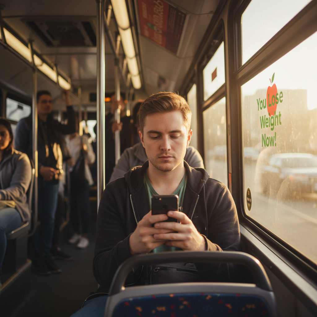 Young man on a busy urban bus looking at his phone โ lifestyle image for Lutein Zeaxanthin Eye Glow eye health supplement