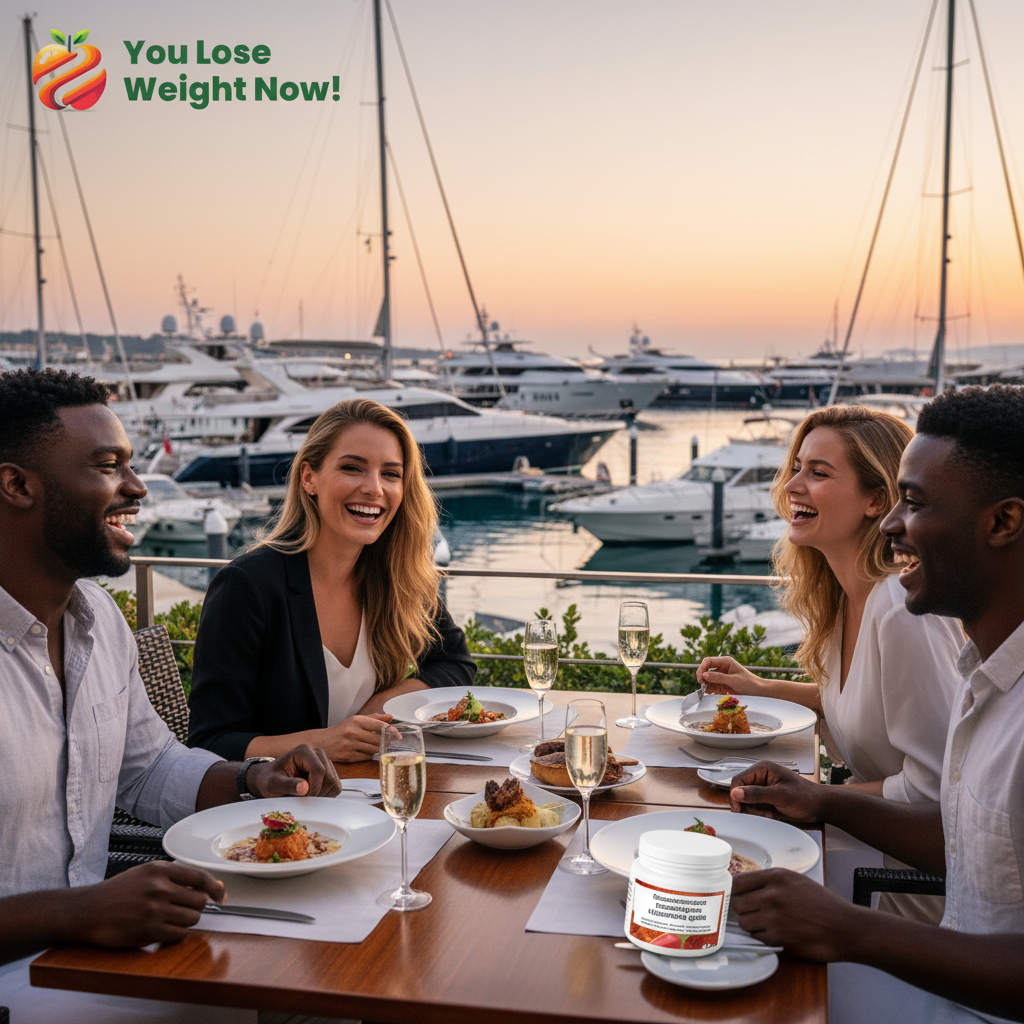 Four friends โ two White women and two Black men โ dining outdoors at a stunning upscale restaurant in a busy marina, luxury yachts in the background, a YouLoseWeightNow! Glucomannan Thermogenic Chromium Ignite pot on the table. The YouLoseWeightNow! logo is visible in the top left corner of the image.