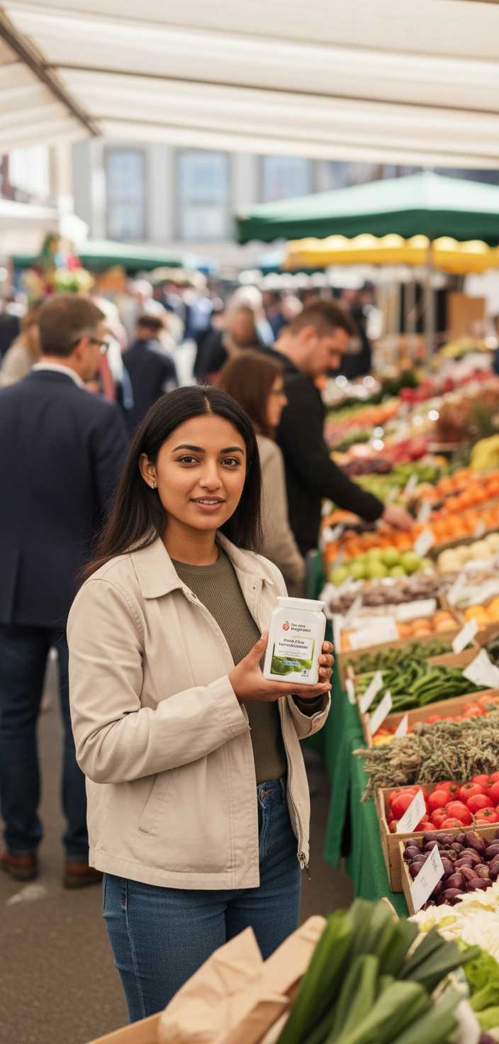 Woman at a farmers market holding Green Coffee Thermogenic Surge supplement pot, YouLoseWeightNow!