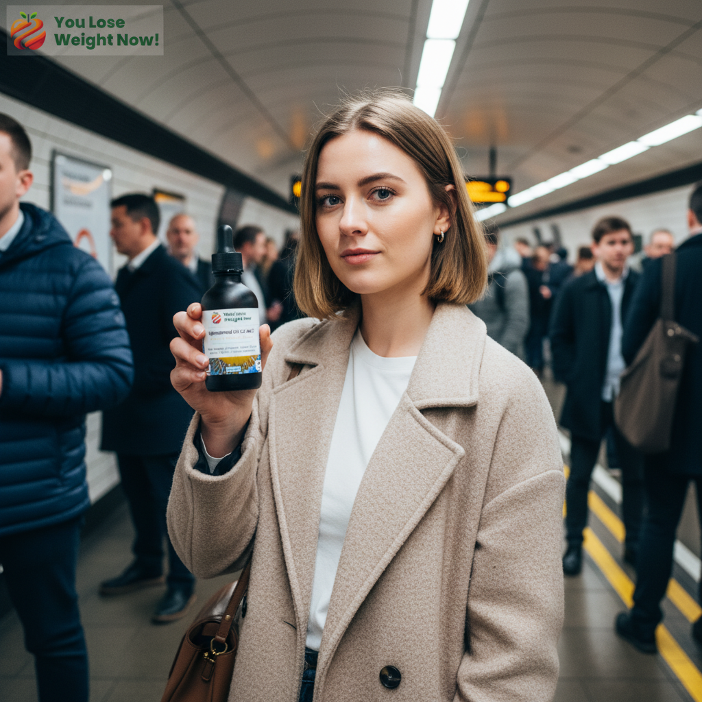 White woman on a busy London Underground platform holding a YouLoseWeightNow! dropper bottle, lifestyle photography