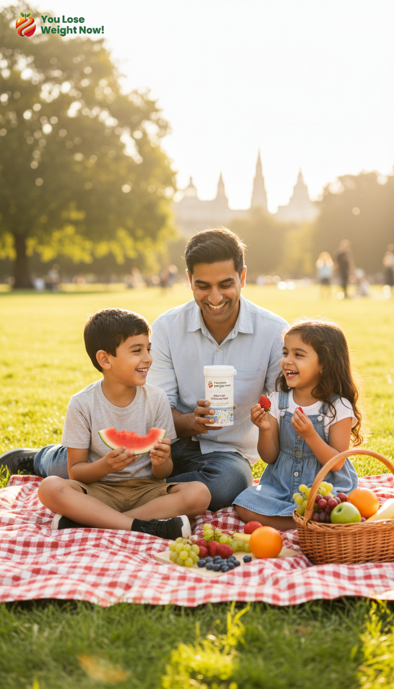 A South Asian father with his two young children in a sunny park, holding the YouLoseWeightNow! Kids Live Cultures Flow supplement pot. The YouLoseWeightNow! logo is visible in the top left corner of the image.