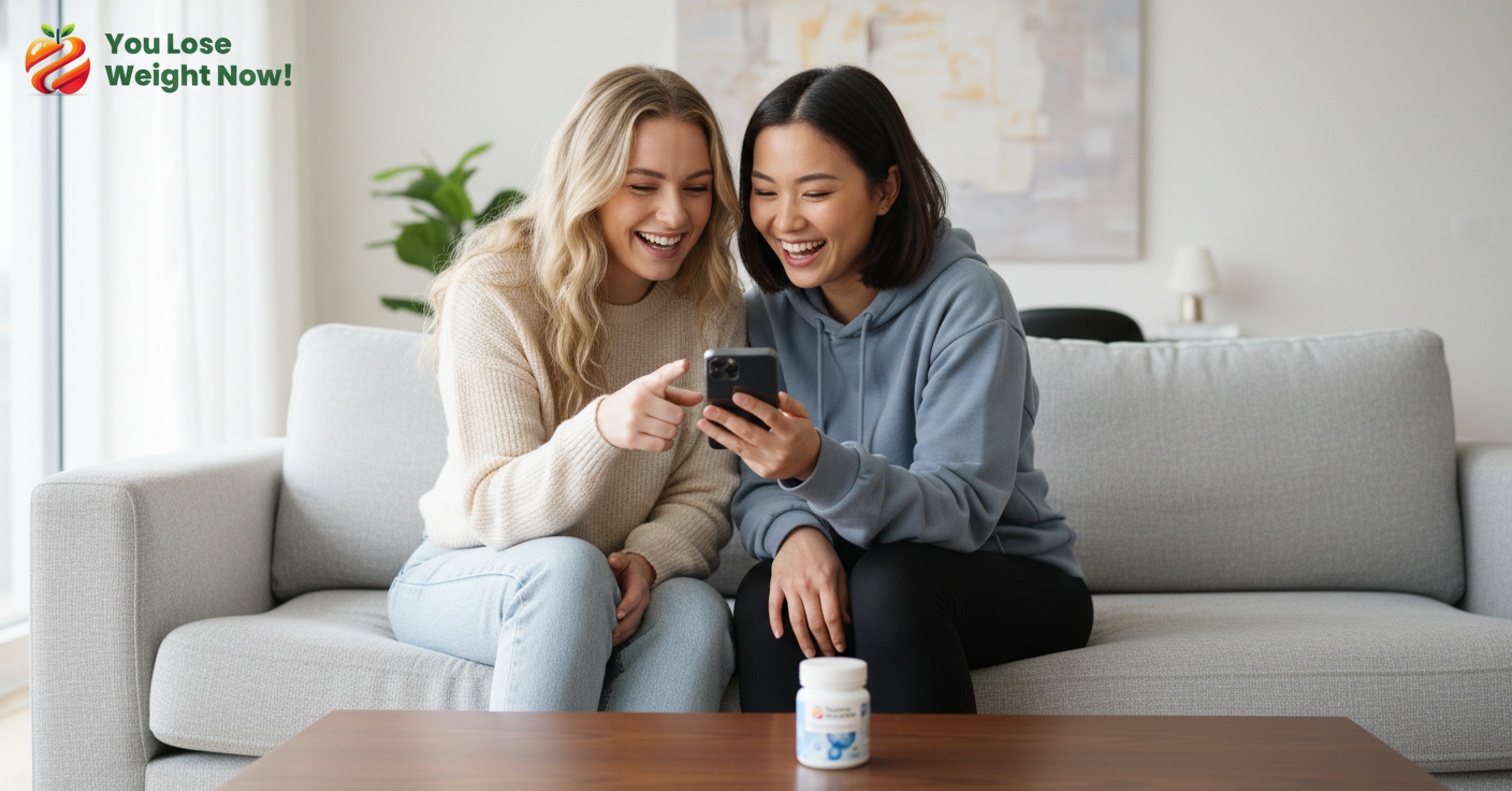 Two young girlfriends — one White, one East Asian — sitting cosily together on a stylish sofa, laughing and looking at something on one girl's mobile phone, with the YouLoseWeightNow! 4 Magnesium Colon Cleanse pot on the coffee table in front of them. The YouLoseWeightNow! logo is visible in the top left corner of the image.