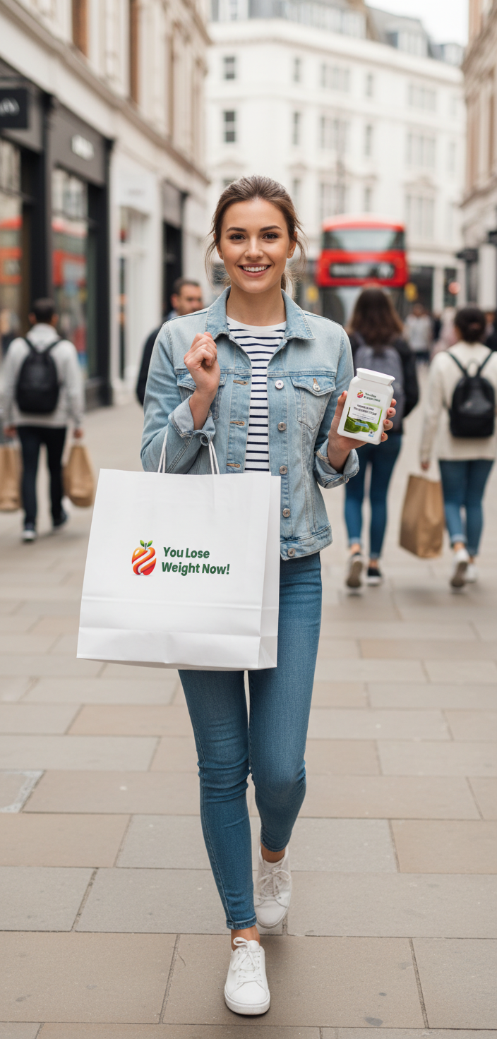 Woman on a high street shopping trip with YouLoseWeightNow! branded bag, Green Coffee Thermogenic Surge