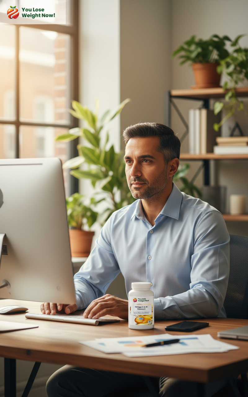 A sharp South Asian man in his mid 40s at a busy professional desk with the YouLoseWeightNow! Omega 3-6-9 Vitamin E supplement pot visible on the desk and plants in the background. The YouLoseWeightNow! logo is visible in the top left corner of the image.