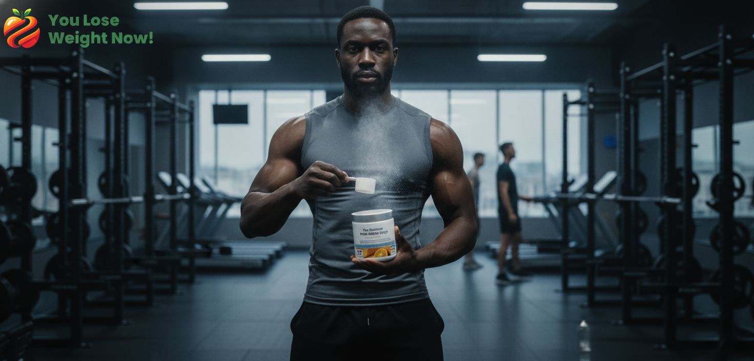 A muscular Black man in his mid-twenties stands alone in a near-empty gym at 5am, dramatic low lighting, holding the Pre Workout Nitric Oxide Surge pot mid-scoop, staring directly into the camera with total focus. Other gym-goers visible in the background. The YouLoseWeightNow! logo is visible in the top left corner of the image.