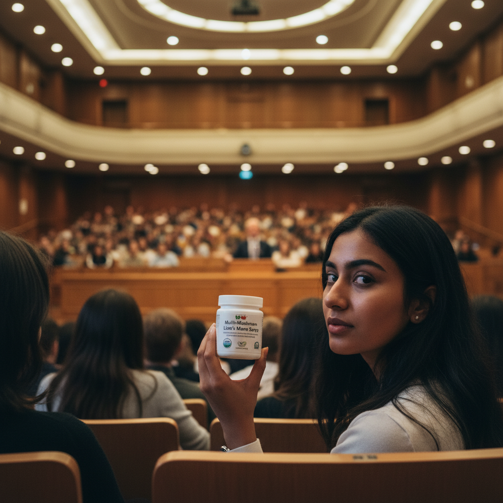 A young South Asian woman in her early 20s sits among rows of students in a grand university auditorium, holding the Multi-Mushroom Lion's Mane Surge flat supplement pot by YouLoseWeightNow!, a professor clearly visible at the lectern at the front of the hall, warm lecture hall lighting, editorial lifestyle photography. The YouLoseWeightNow! logo is visible in the top left corner of the image.
