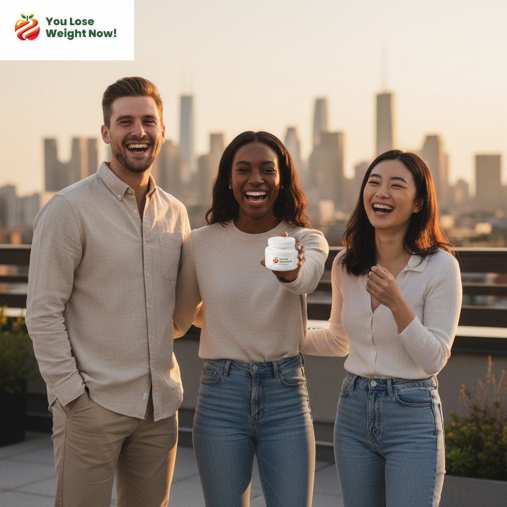 Three friends in their mid-20s — a White man, a Black woman, and an East Asian woman — on a stylish rooftop terrace at golden hour, one holding the YouLoseWeightNow! 8 Strain Gut Biotic tiny flat supplement pot up to the camera laughing, city skyline in the background. The YouLoseWeightNow! logo is visible in the top left corner of the image.