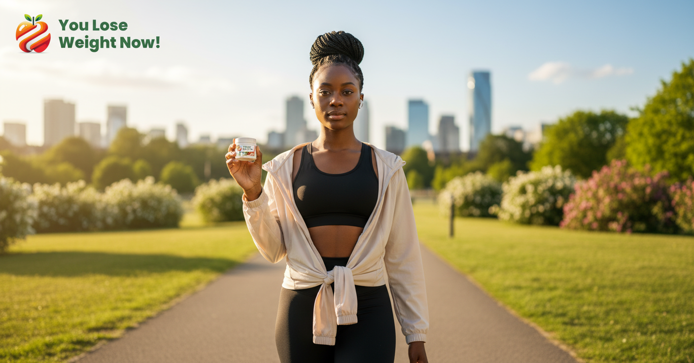 A young Black woman walking confidently through a sunny urban park, holding the 35 Greens Fruits Surge flat pot by YouLoseWeightNow!, label visible, stylish athleisure, city skyline in the background, natural light. The YouLoseWeightNow! logo is visible in the top left corner of the image.