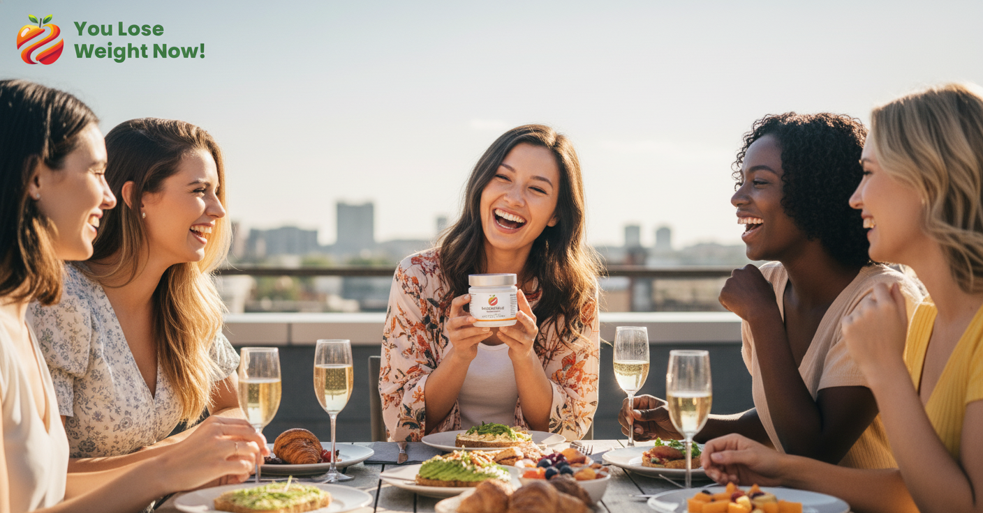Three women — two White and one Black — in their mid-twenties sit around a rooftop brunch table in bright sunshine, mimosas and food on the table. One White woman holds up a YouLoseWeightNow! 17 Vitamins Probiotic Surge flat supplement pot, laughing as she shows it to her friends. The YouLoseWeightNow! logo is visible in the top left corner of the image.