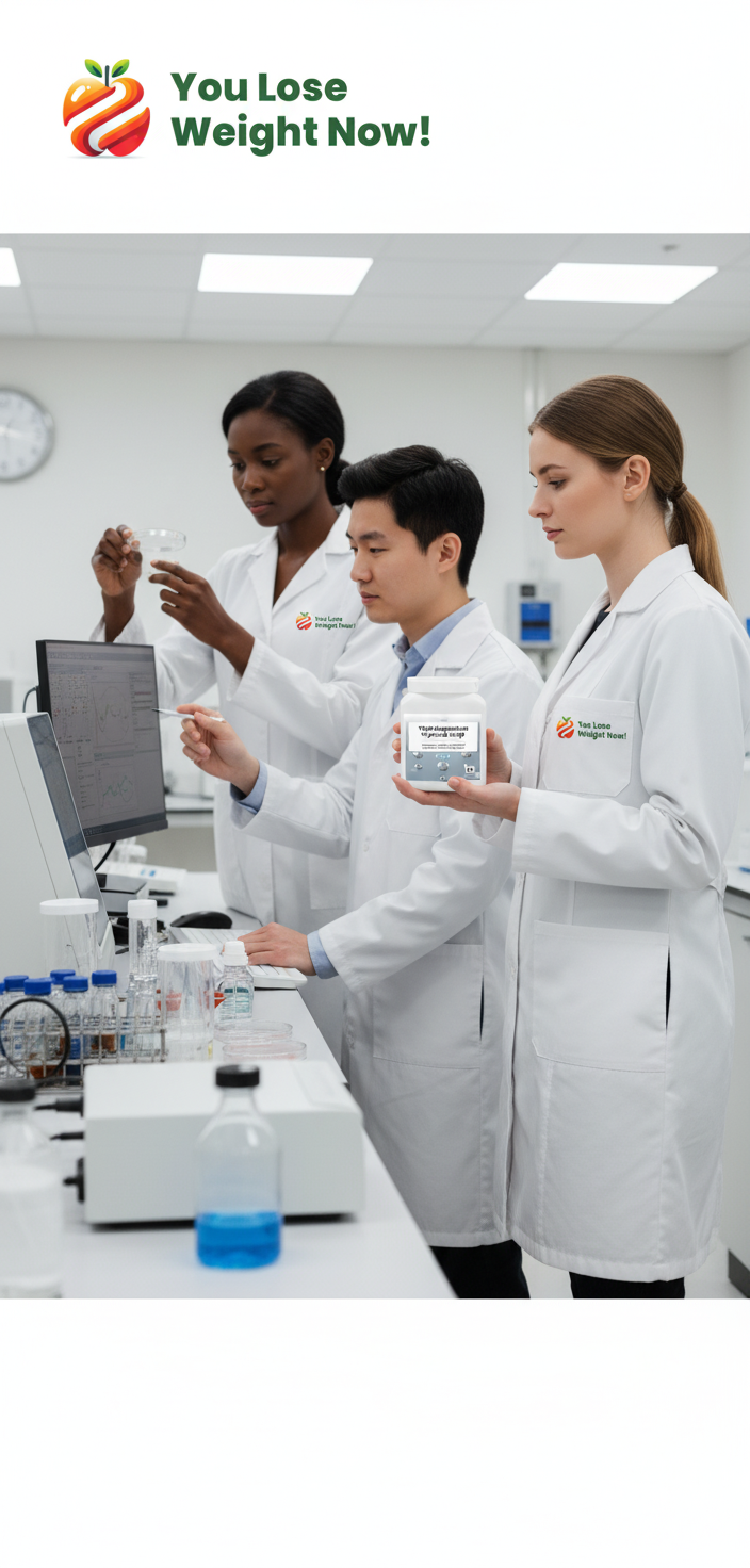 three lab scientists, one Black female, one East Asian male and one White female, working in a modern research laboratory, one holding the tiny flat supplement pot, YouLoseWeightNow! logo visible on their white lab coats. The YouLoseWeightNow! logo is visible in the top left corner of the image.