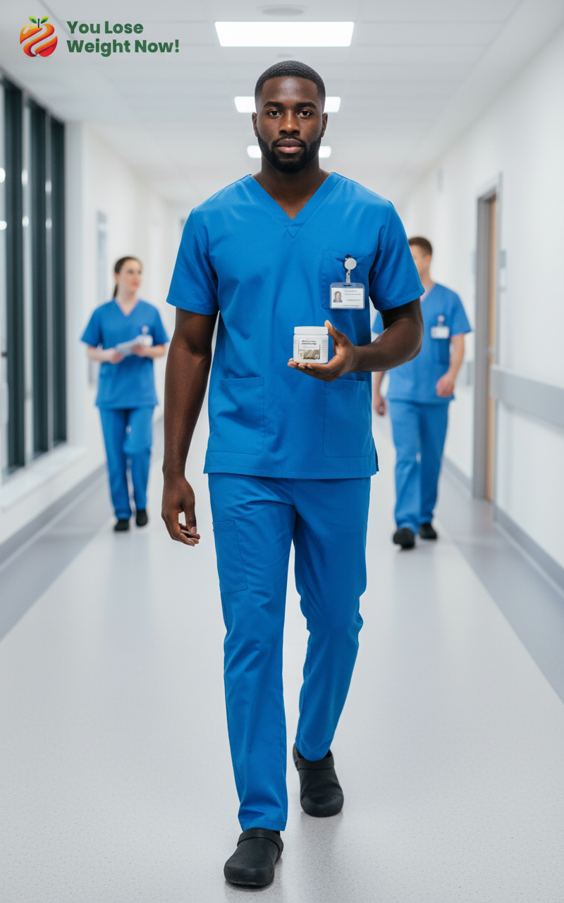 A tall, confident Black male nurse in his late 20s walks purposefully down a bright modern hospital corridor in scrubs, holding the Multi-Mushroom Lion's Mane Surge flat supplement pot by YouLoseWeightNow!, other healthcare workers visible in the background, clean cinematic lighting, editorial lifestyle photography. The YouLoseWeightNow! logo is visible in the top left corner of the image.