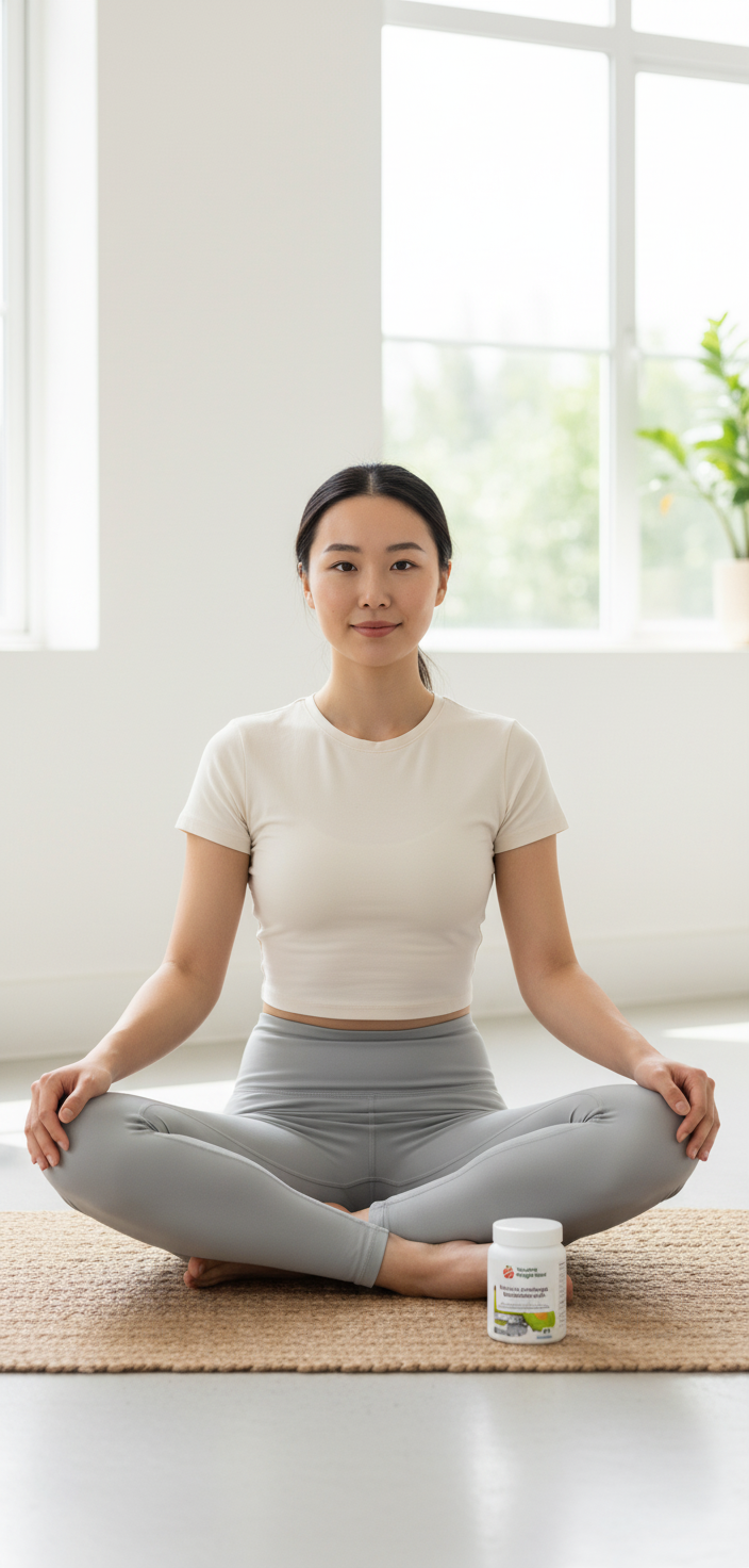 Young East Asian woman in a yoga studio with Garcinia Cambogia Metabolism Ignite supplement pot on the mat beside her โ wellness lifestyle image for YouLoseWeightNow!