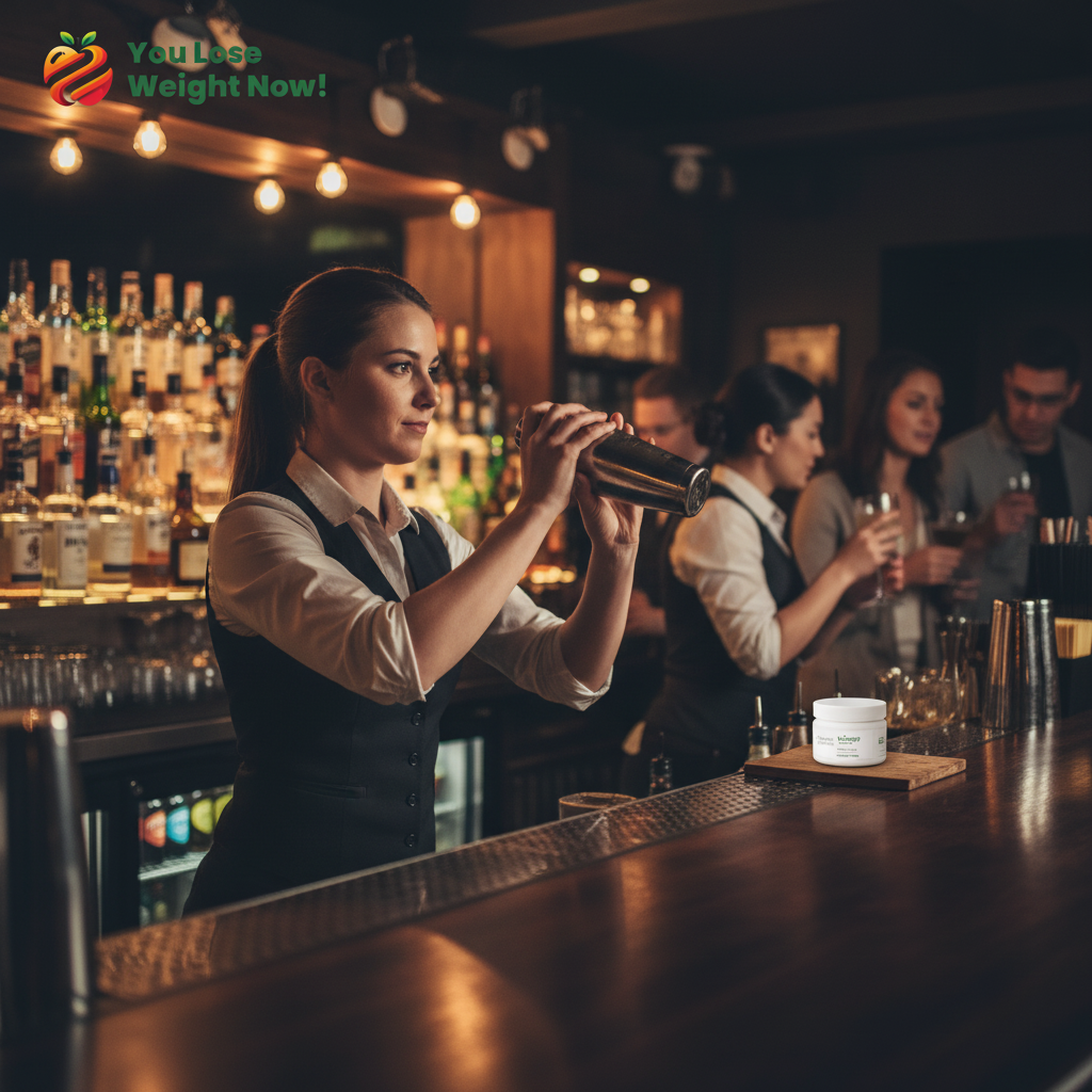 A White female bartender aged 20-25 confidently mixing cocktails behind a busy atmospheric bar with glowing lights and bottles in the background. The YouLoseWeightNow! logo is visible in the top left corner of the image.