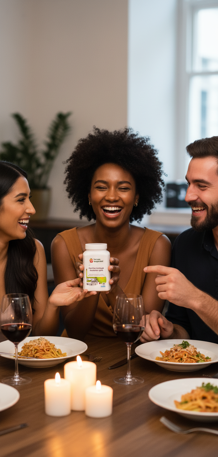 Group of friends at a dinner table with Garcinia Cambogia Metabolism Ignite supplement pot visible on the table โ lifestyle image for YouLoseWeightNow!