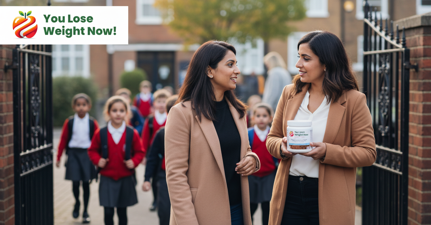 Two South Asian mothers in their early 30s stand at a primary school gate on a busy morning, children in school uniform heading through the gate. One mother holds the YouLoseWeightNow! Lean Meal Protein Shake round pot casually in her hand. Natural morning light, lifestyle magazine quality. The YouLoseWeightNow! logo is visible in the top left corner of the image.