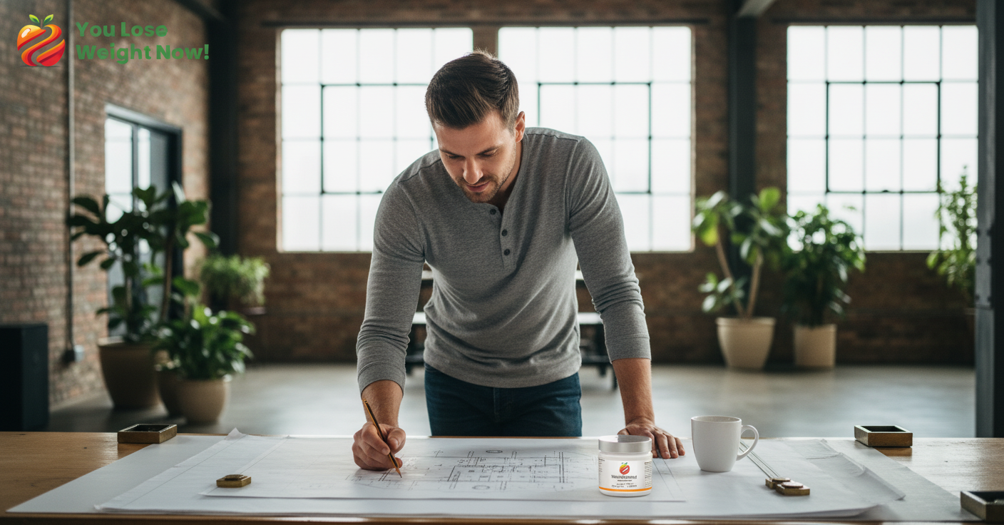 A White man in his late twenties leans over a large architect's drawing board in a cool industrial-chic studio, blueprints spread out, plants in the background. A YouLoseWeightNow! 17 Vitamins Probiotic Surge flat supplement pot sits visibly on the desk beside his coffee. The YouLoseWeightNow! logo is visible in the top left corner of the image.